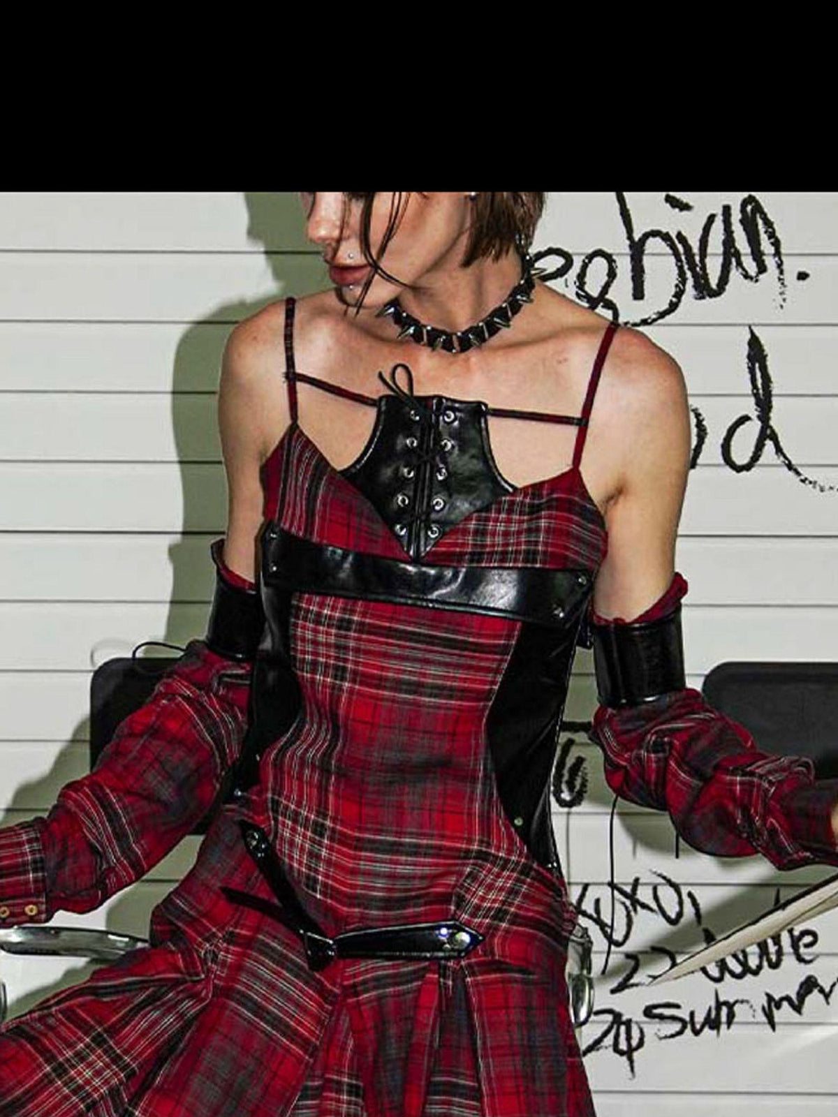 22 doodle Punk Ballet Studded Plaid Linen Patchwork High Waist Women's Slip Mini Dresses
