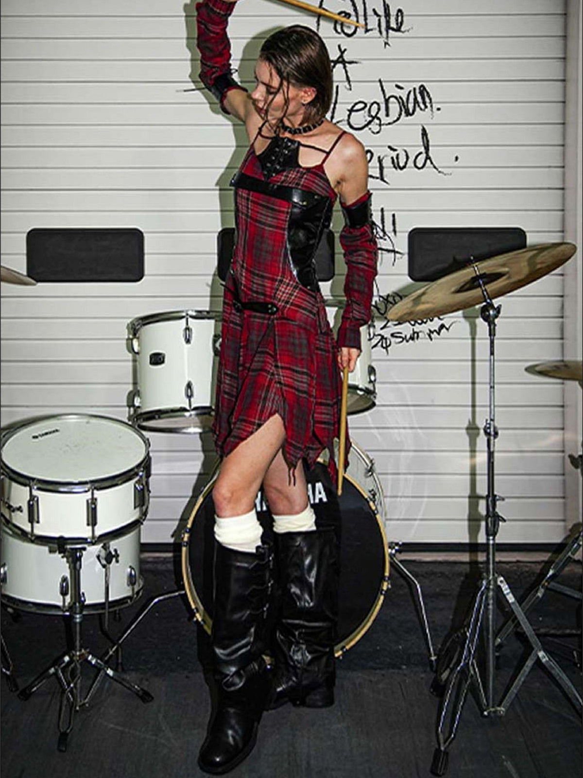 22 doodle Punk Ballet Studded Plaid Linen Patchwork High Waist Women's Slip Mini Dresses