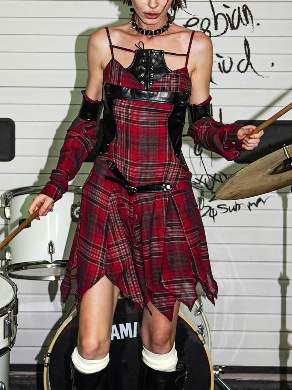 22 doodle Punk Ballet Studded Plaid Linen Patchwork High Waist Women's Slip Mini Dresses