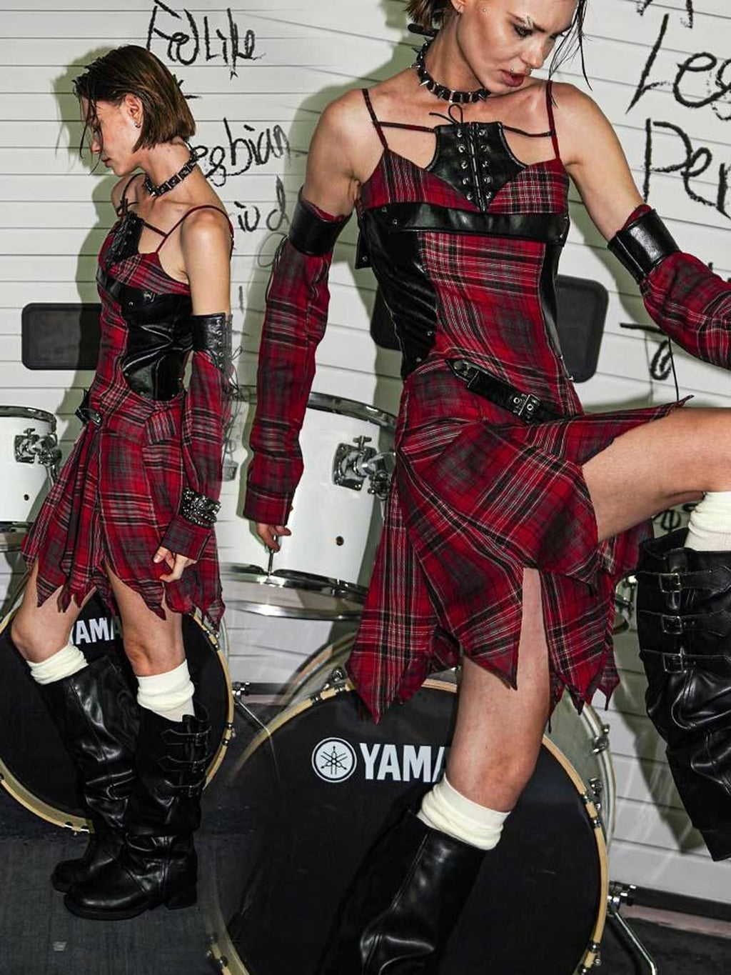 22 doodle Punk Ballet Studded Plaid Linen Patchwork High Waist Women's Slip Mini Dresses
