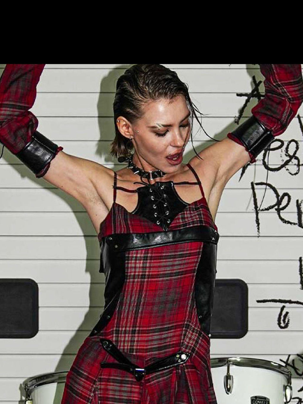 22 doodle Punk Ballet Studded Plaid Linen Patchwork High Waist Women's Slip Mini Dresses