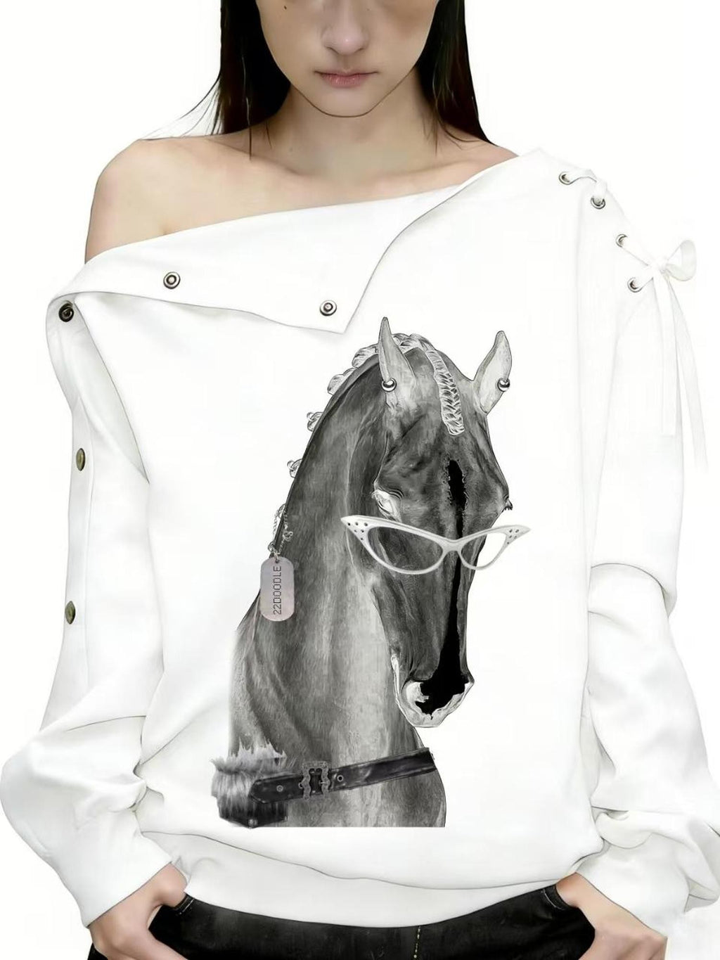 22 doodle Punk Detachable Off Shoulder Print Loose Fit Cotton Women's Graphic Sweatshirts
