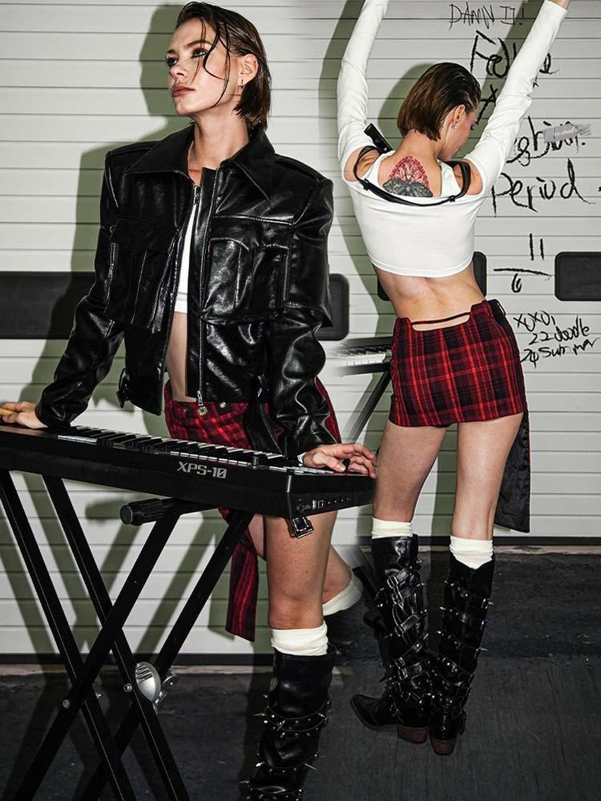 22 doodle Punk Plaid Studded Deconstructed Asymmetric Low Rise Women's Mini Skirts