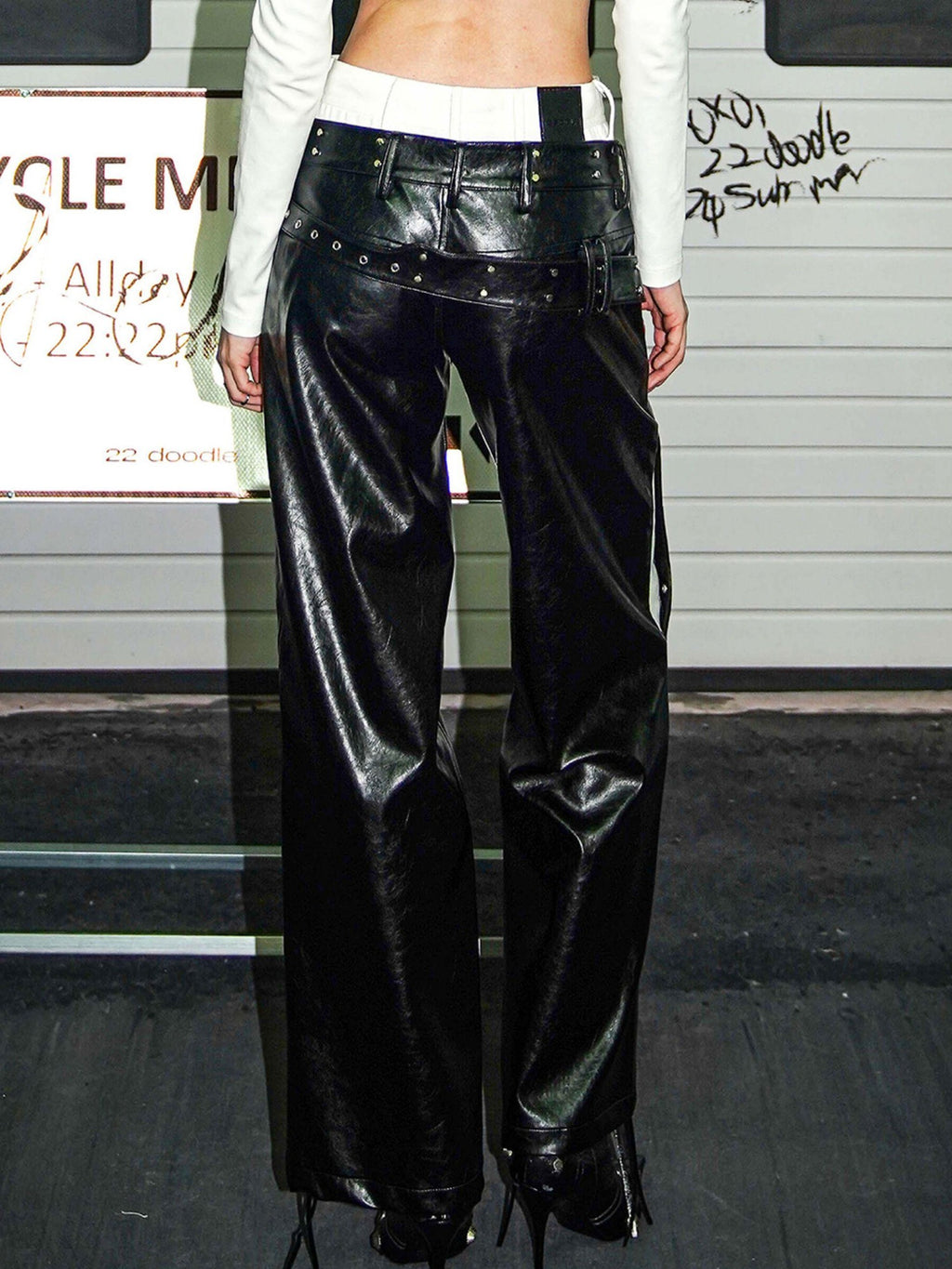 22 doodle Punk Studded Zip Faux Two Piece Straight Leg Women's Leather Pants