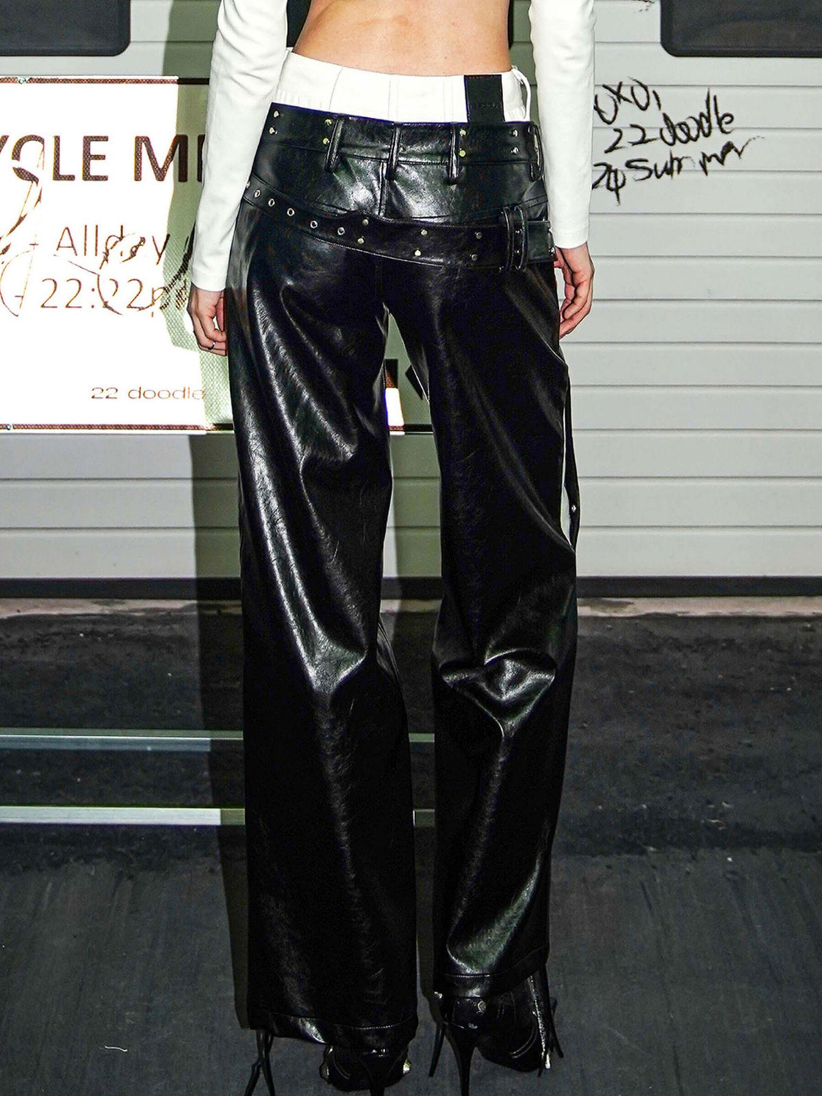 22 doodle Punk Studded Zip Faux Two Piece Straight Leg Women's Leather Pants