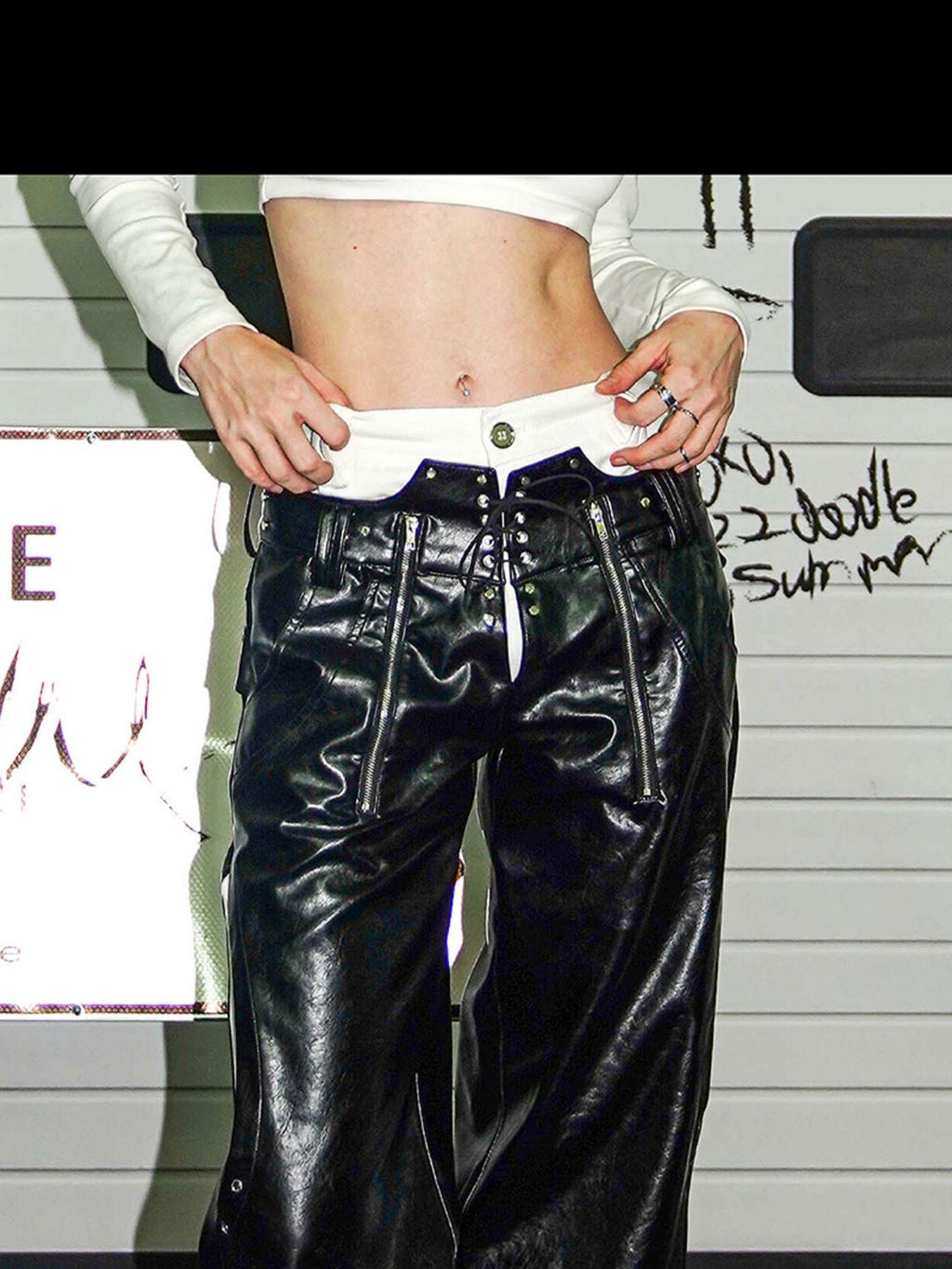 22 doodle Punk Studded Zip Faux Two Piece Straight Leg Women's Leather Pants