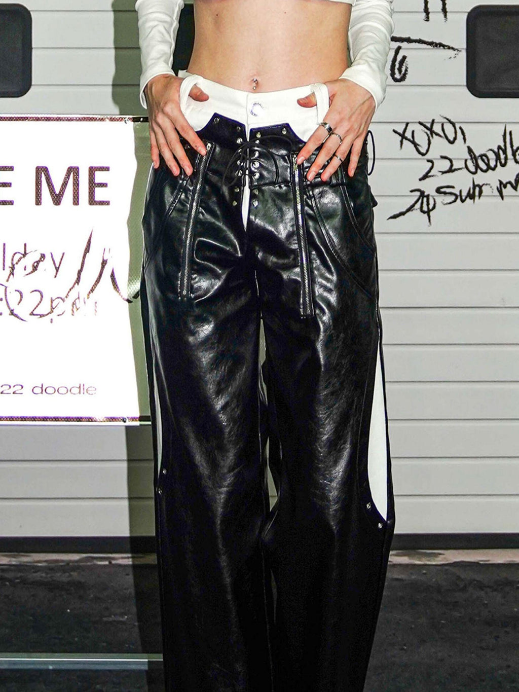22 doodle Punk Studded Zip Faux Two Piece Straight Leg Women's Leather Pants