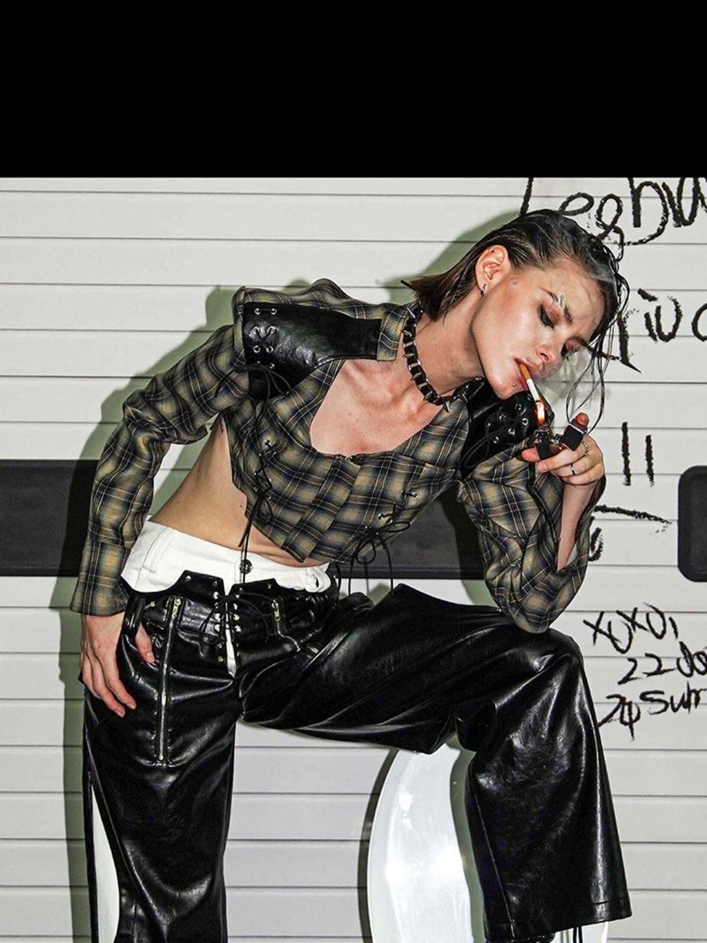 22 doodle Punk Studded Zip Faux Two Piece Straight Leg Women's Leather Pants