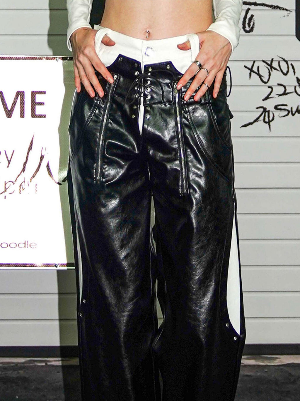 22 doodle Punk Studded Zip Faux Two Piece Straight Leg Women's Leather Pants