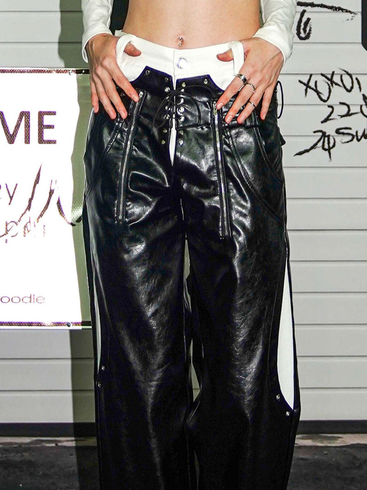 22 doodle Punk Studded Zip Faux Two Piece Straight Leg Women's Leather Pants