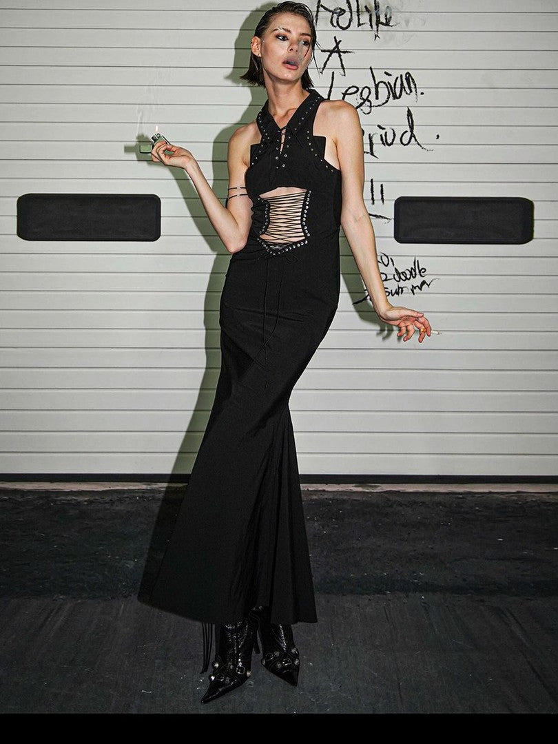 22 doodle Sexy Cutout Studded Lace Up High Waist Mermaid Women's Bodycon Maxi Dresses