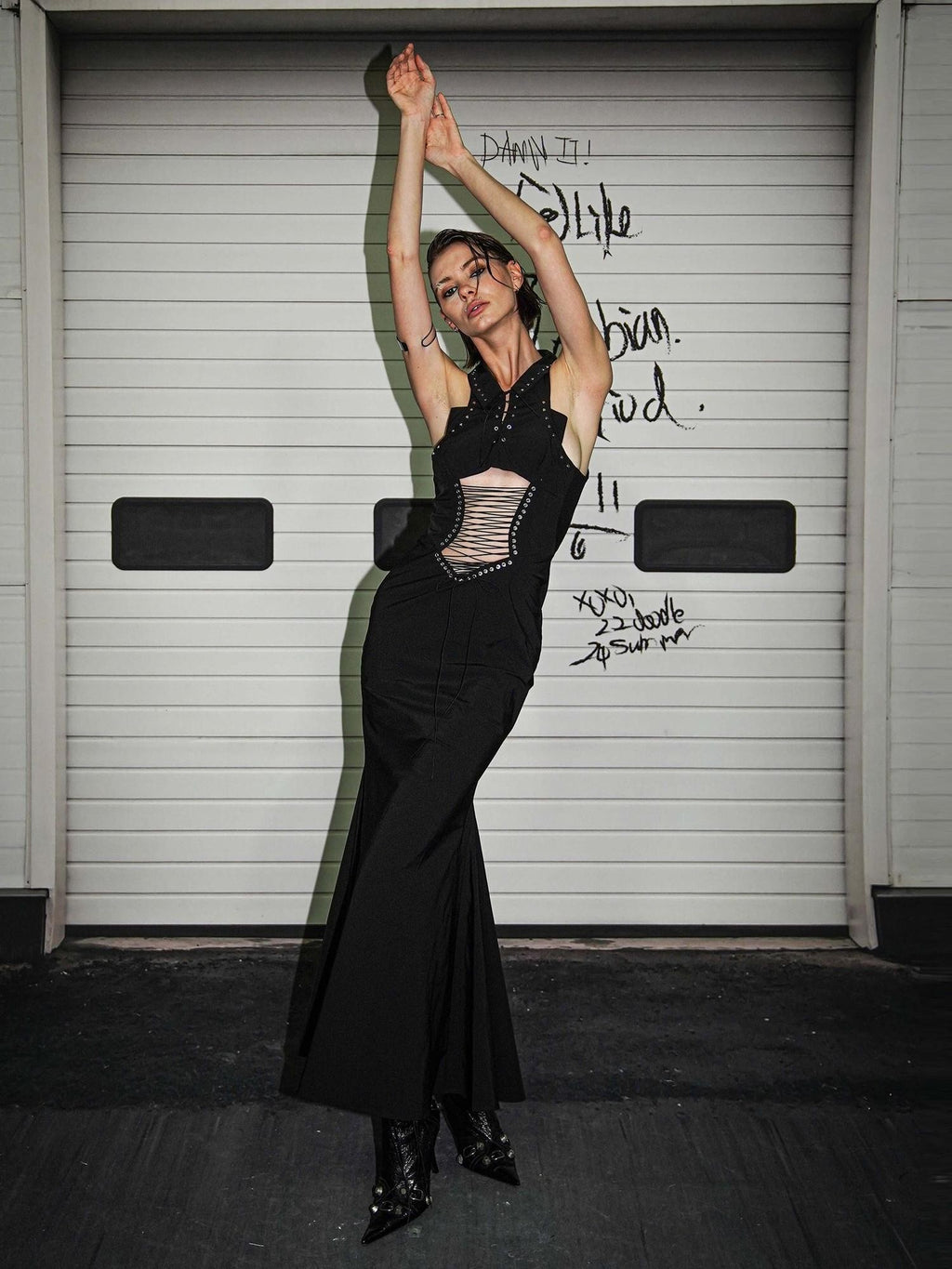 22 doodle Sexy Cutout Studded Lace Up High Waist Mermaid Women's Bodycon Maxi Dresses