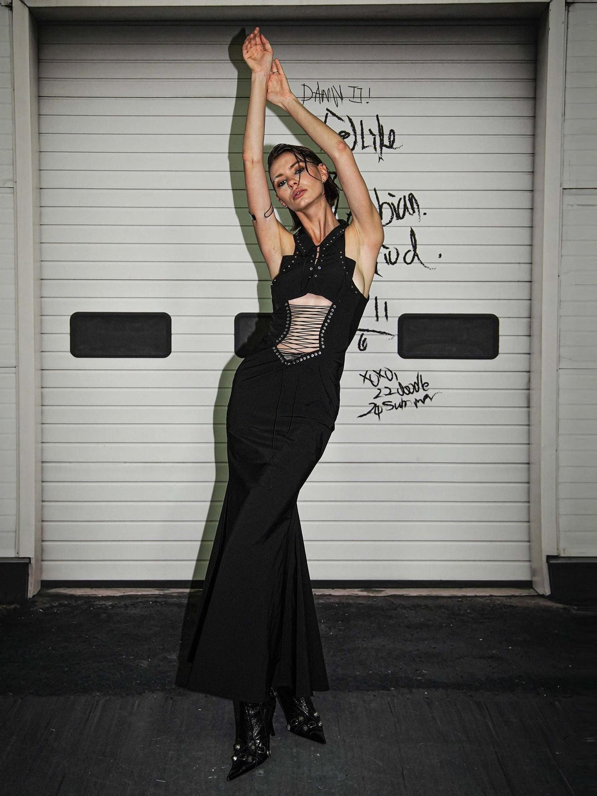 22 doodle Sexy Cutout Studded Lace Up High Waist Mermaid Women's Bodycon Maxi Dresses
