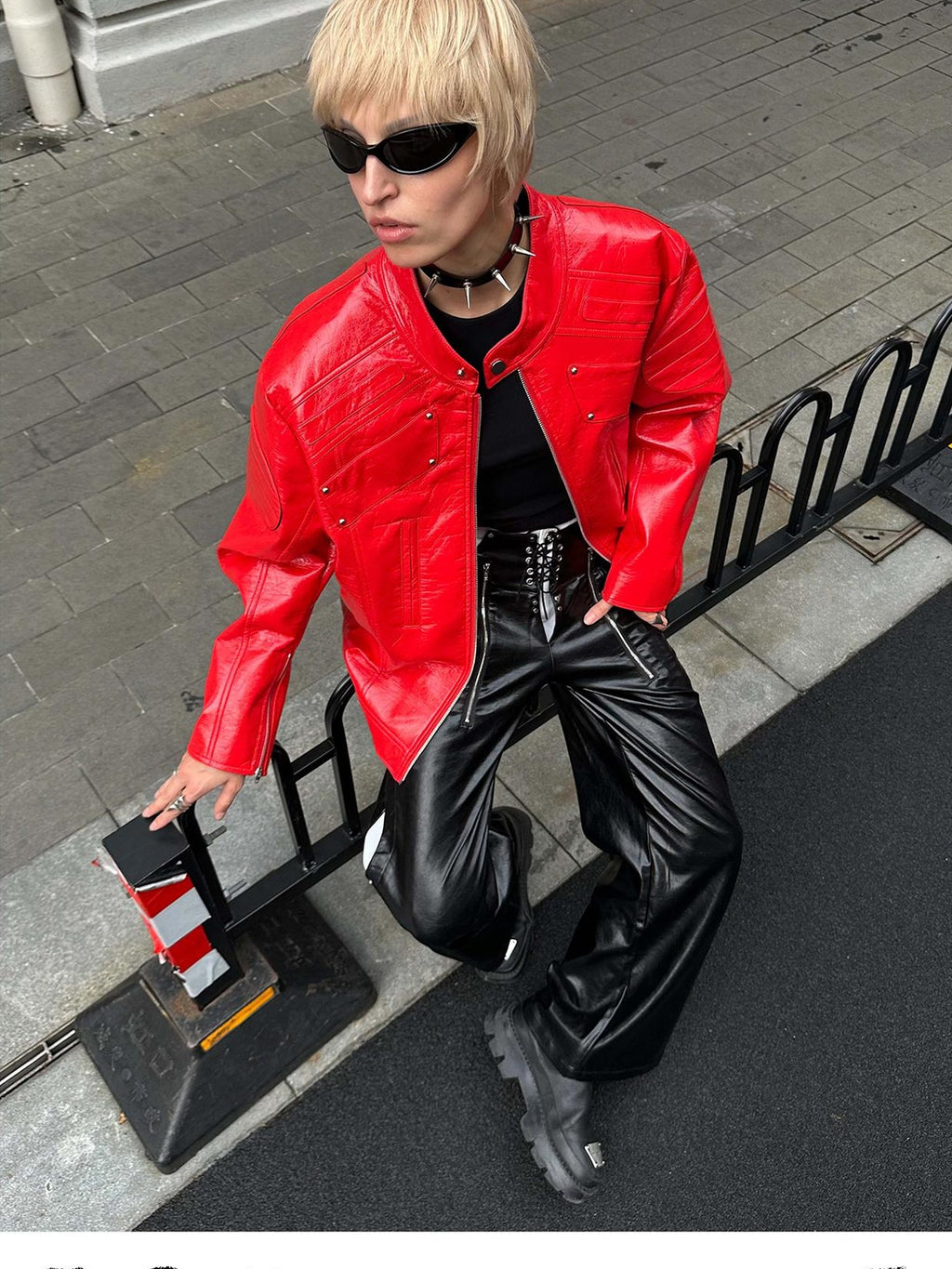 22 doodle Studded Red Mecha Punk Pu Women's Leather Jackets