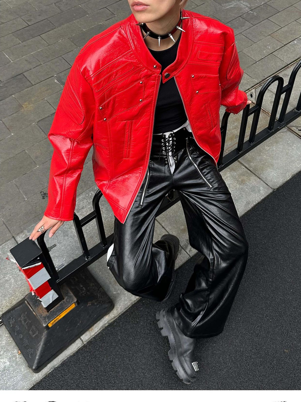 22 doodle Studded Red Mecha Punk Pu Women's Leather Jackets