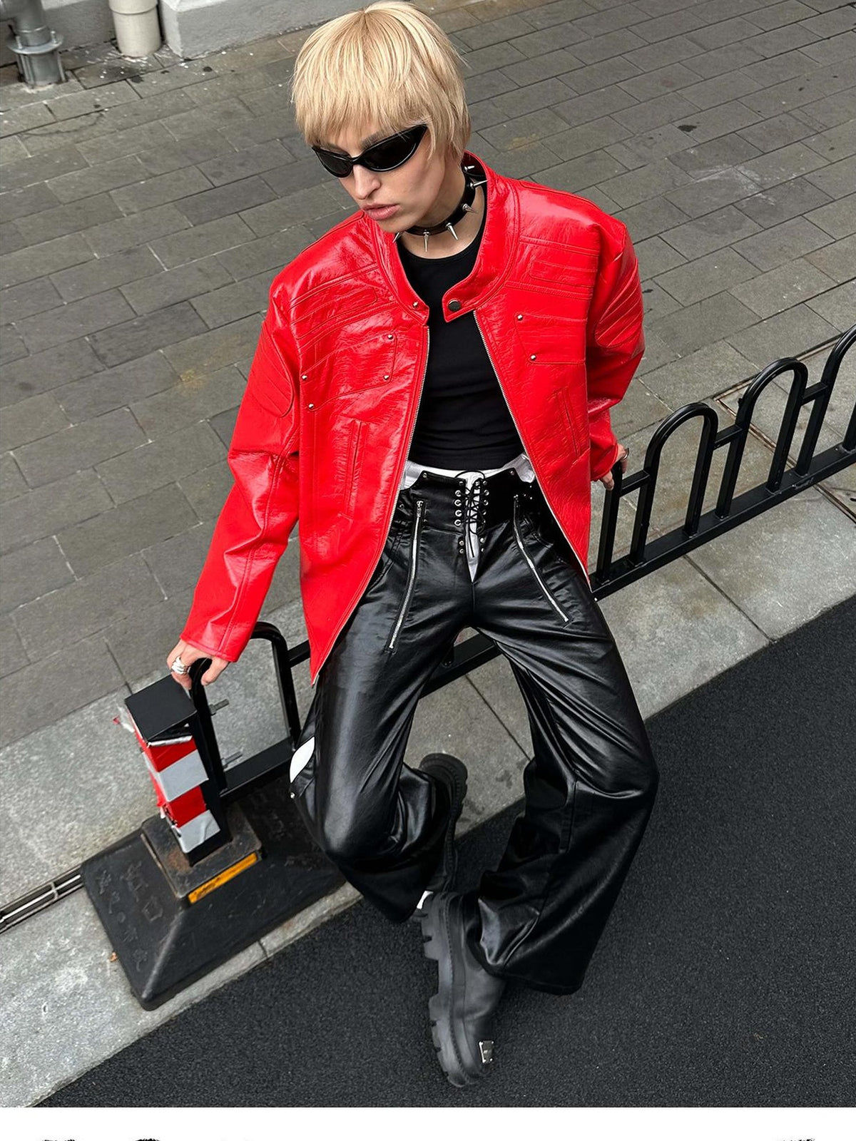 22 doodle Studded Red Mecha Punk Pu Women's Leather Jackets