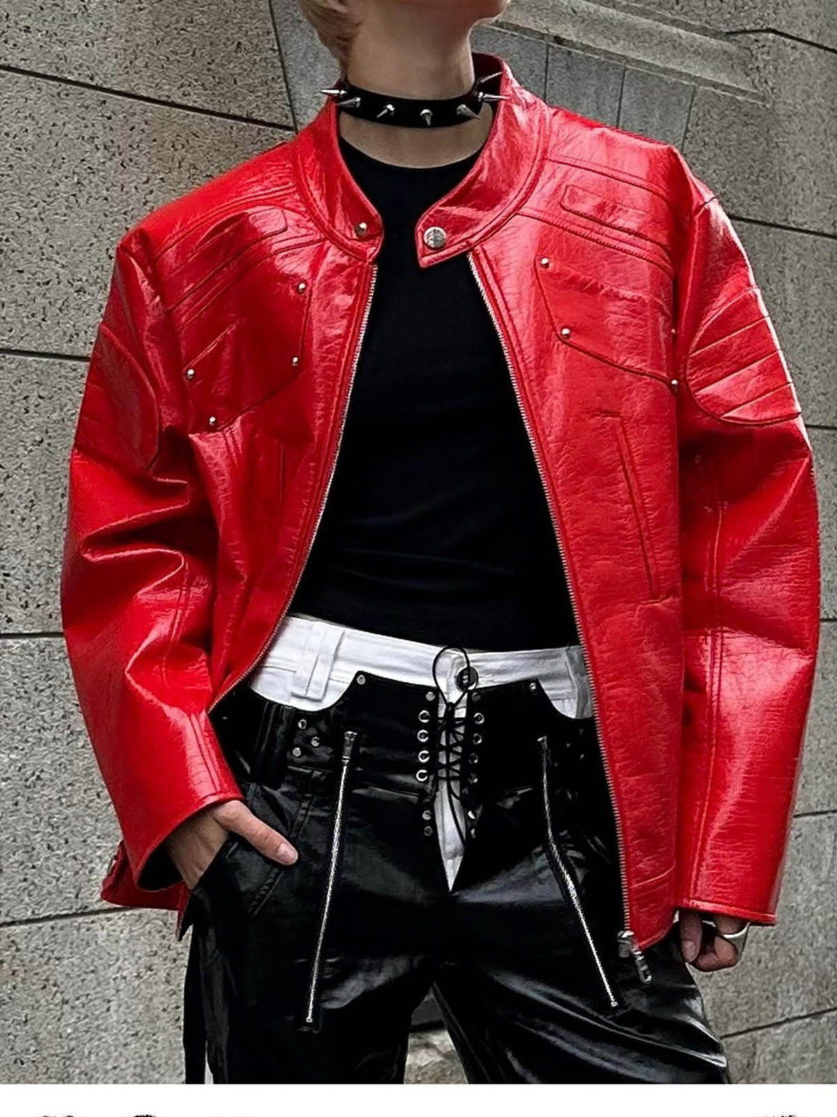 22 doodle Studded Red Mecha Punk Pu Women's Leather Jackets