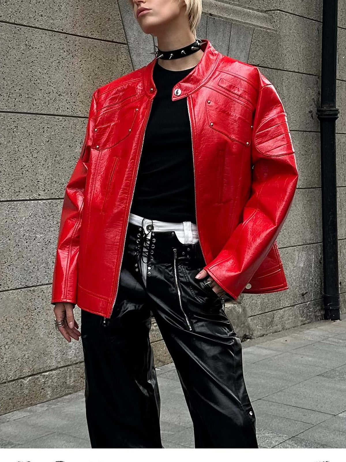 22 doodle Studded Red Mecha Punk Pu Women's Leather Jackets