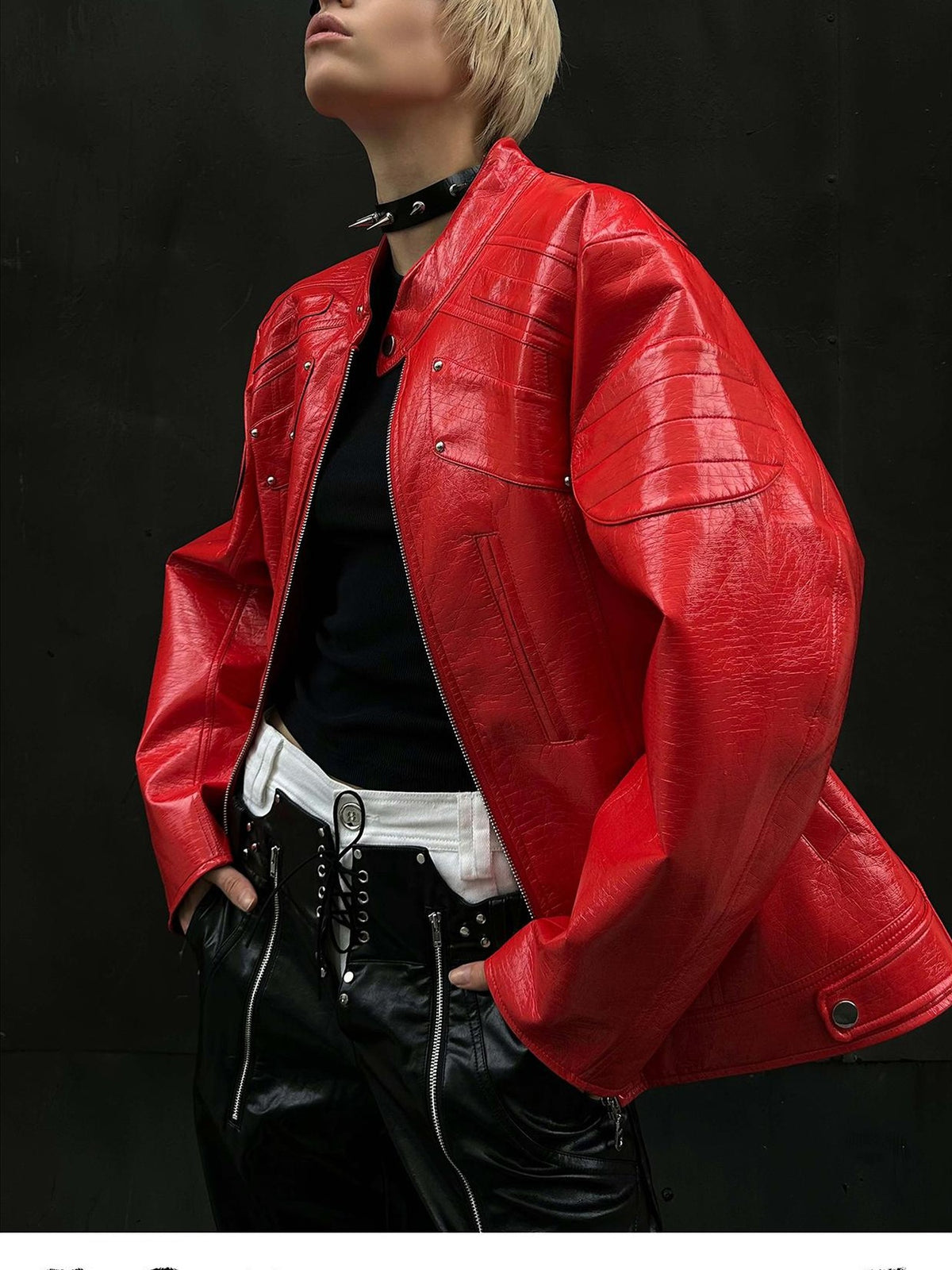 22 doodle Studded Red Mecha Punk Pu Women's Leather Jackets