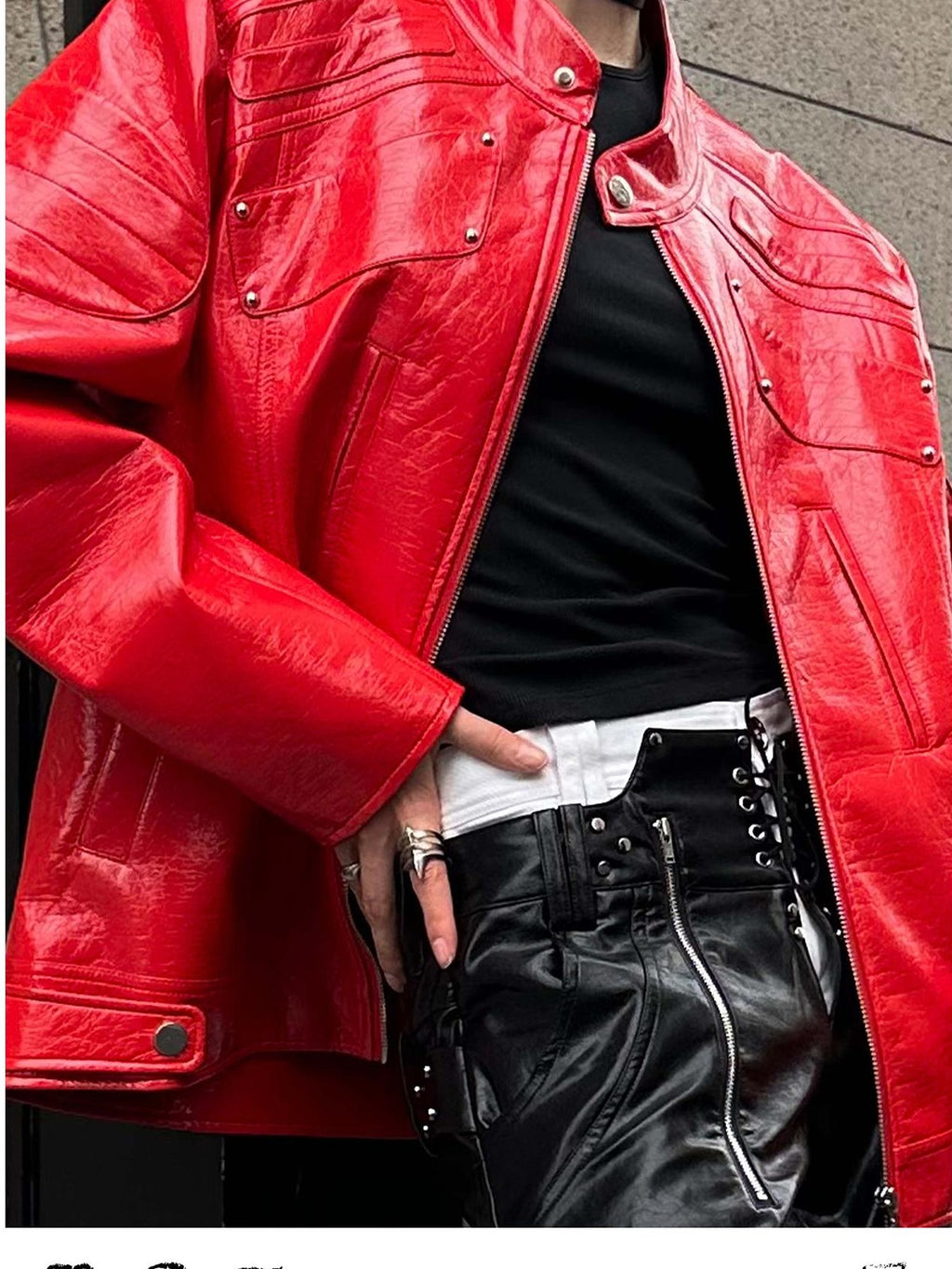 22 doodle Studded Red Mecha Punk Pu Women's Leather Jackets