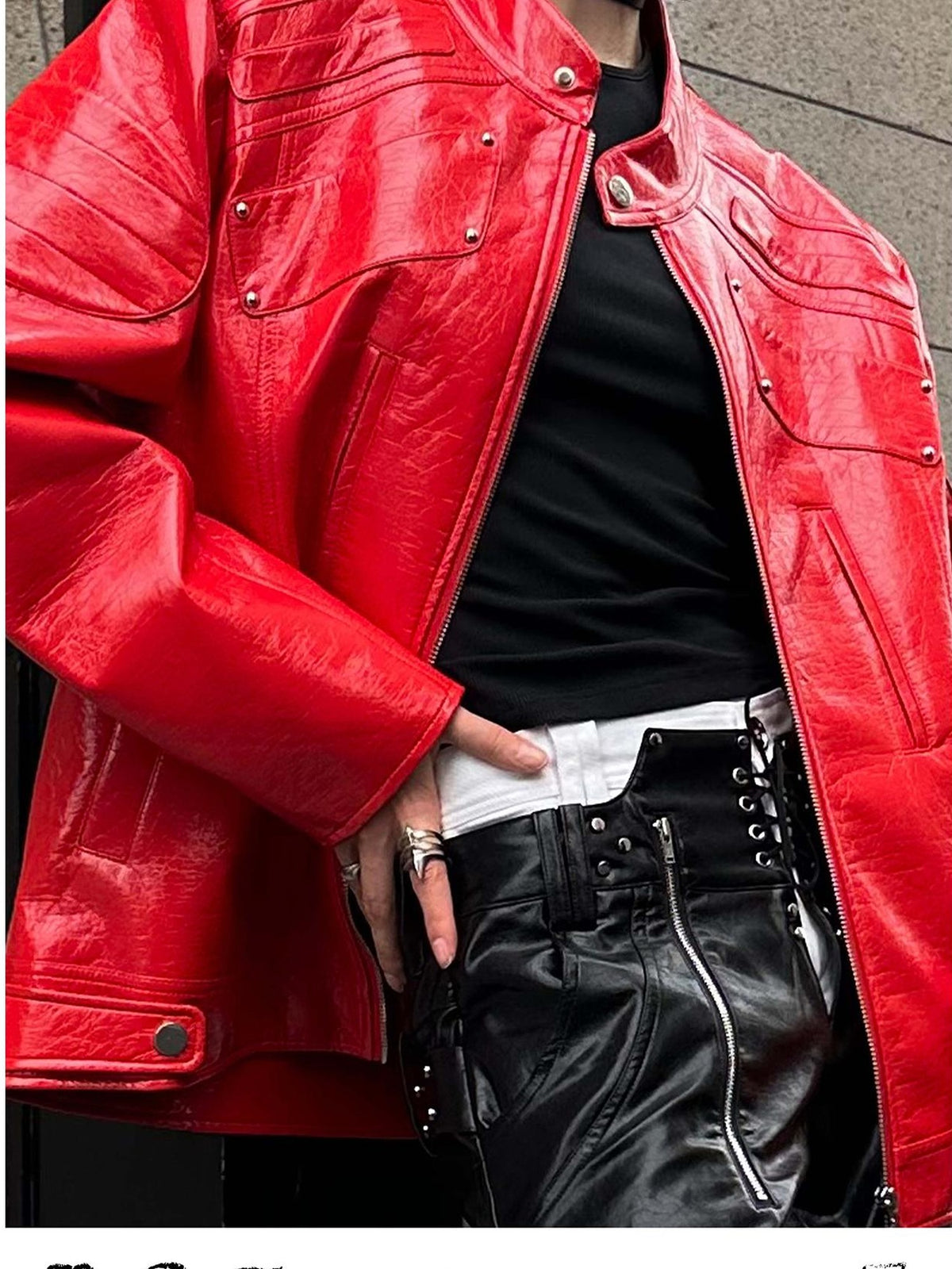 22 doodle Studded Red Mecha Punk Pu Women's Leather Jackets