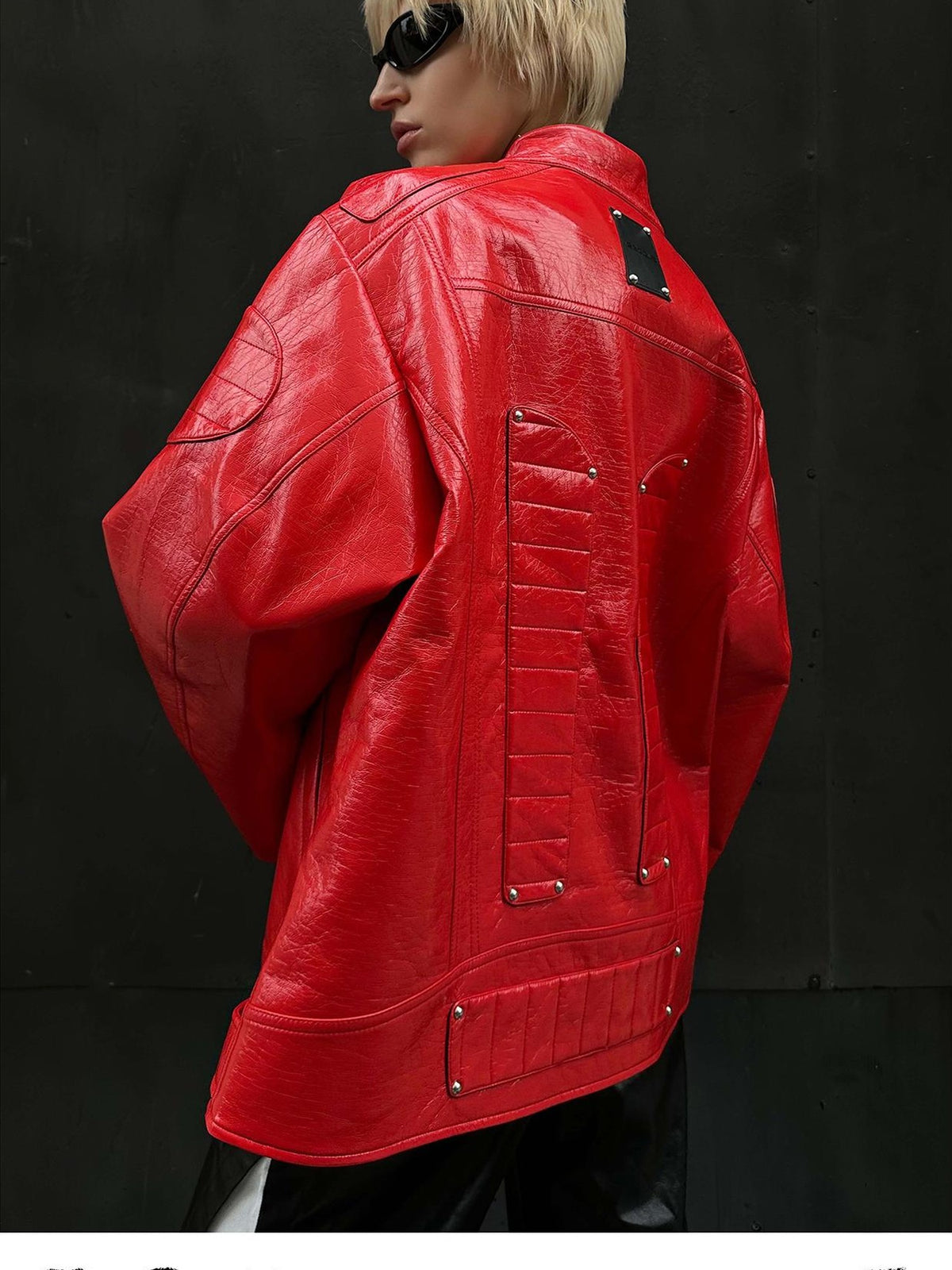 22 doodle Studded Red Mecha Punk Pu Women's Leather Jackets