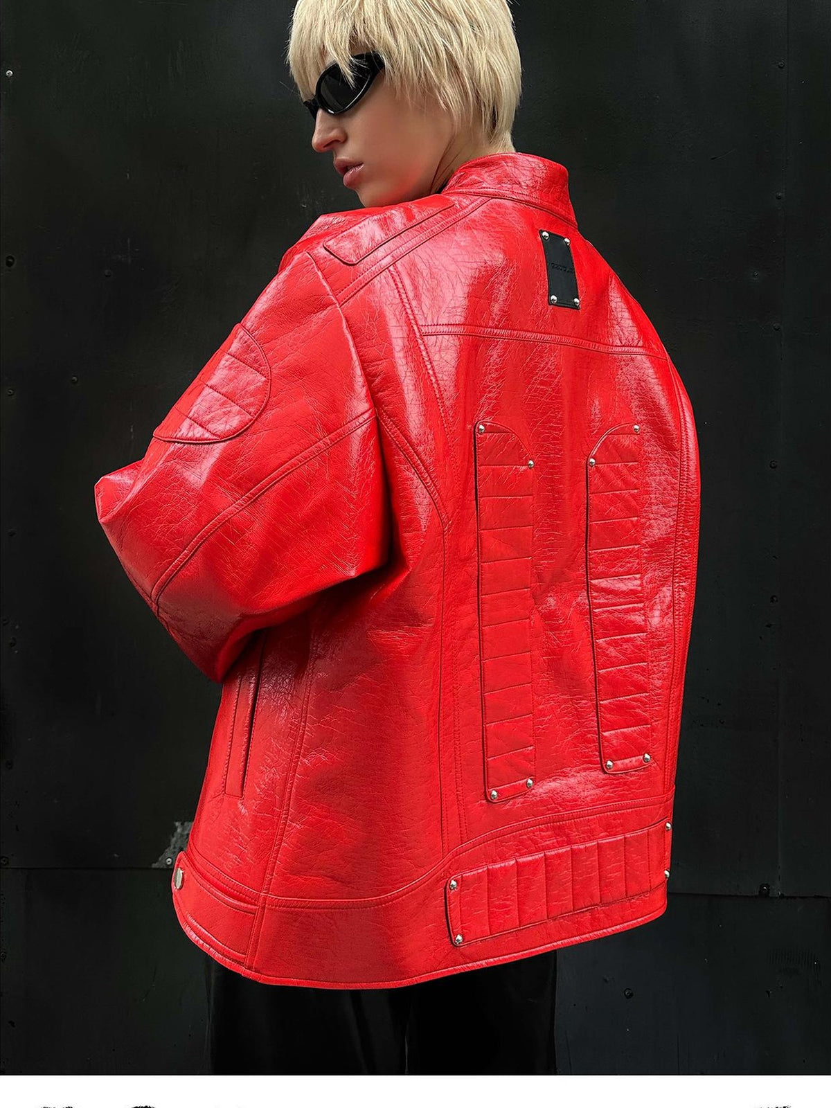 22 doodle Studded Red Mecha Punk Pu Women's Leather Jackets