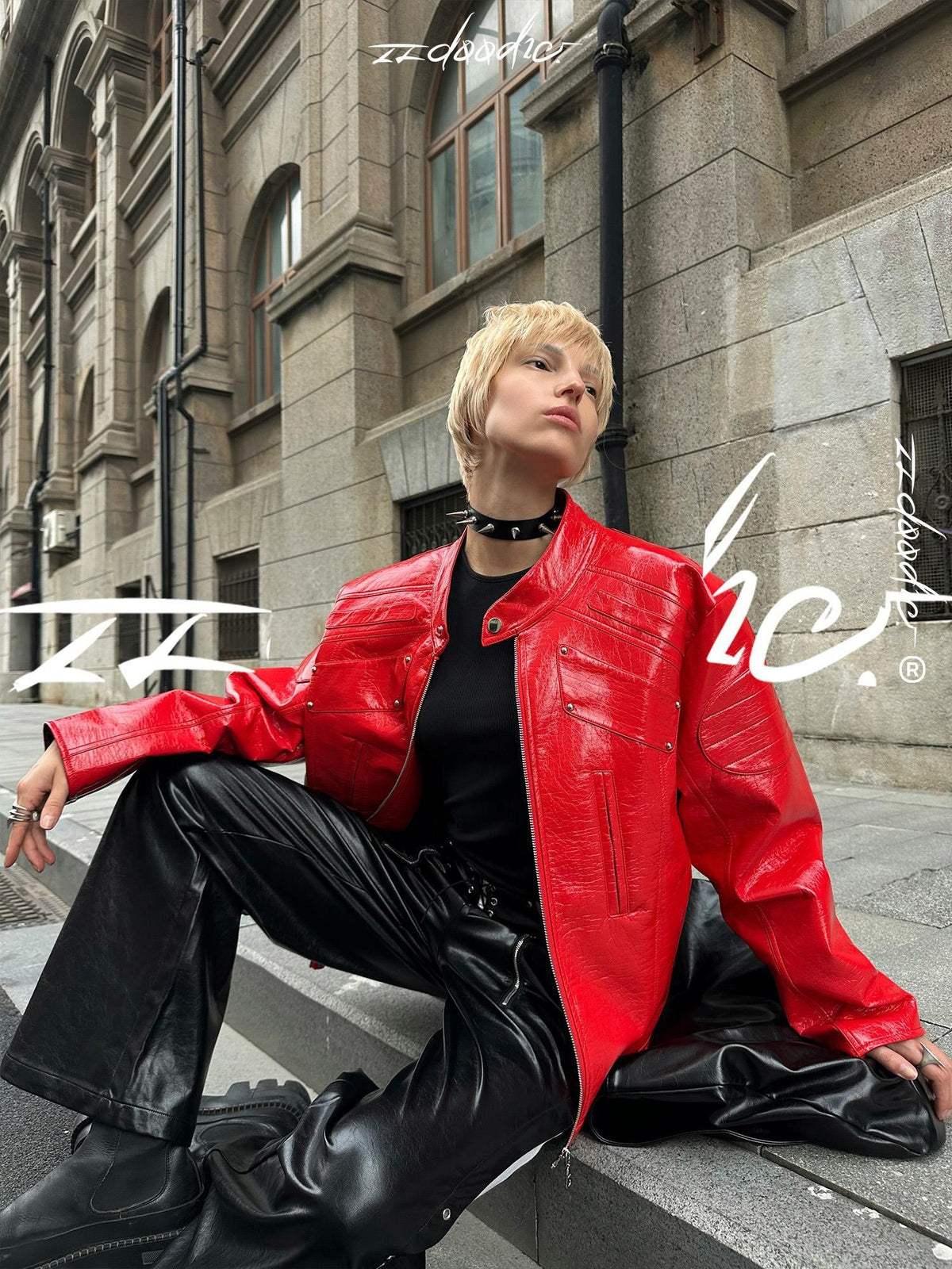 22 doodle Studded Red Mecha Punk Pu Women's Leather Jackets