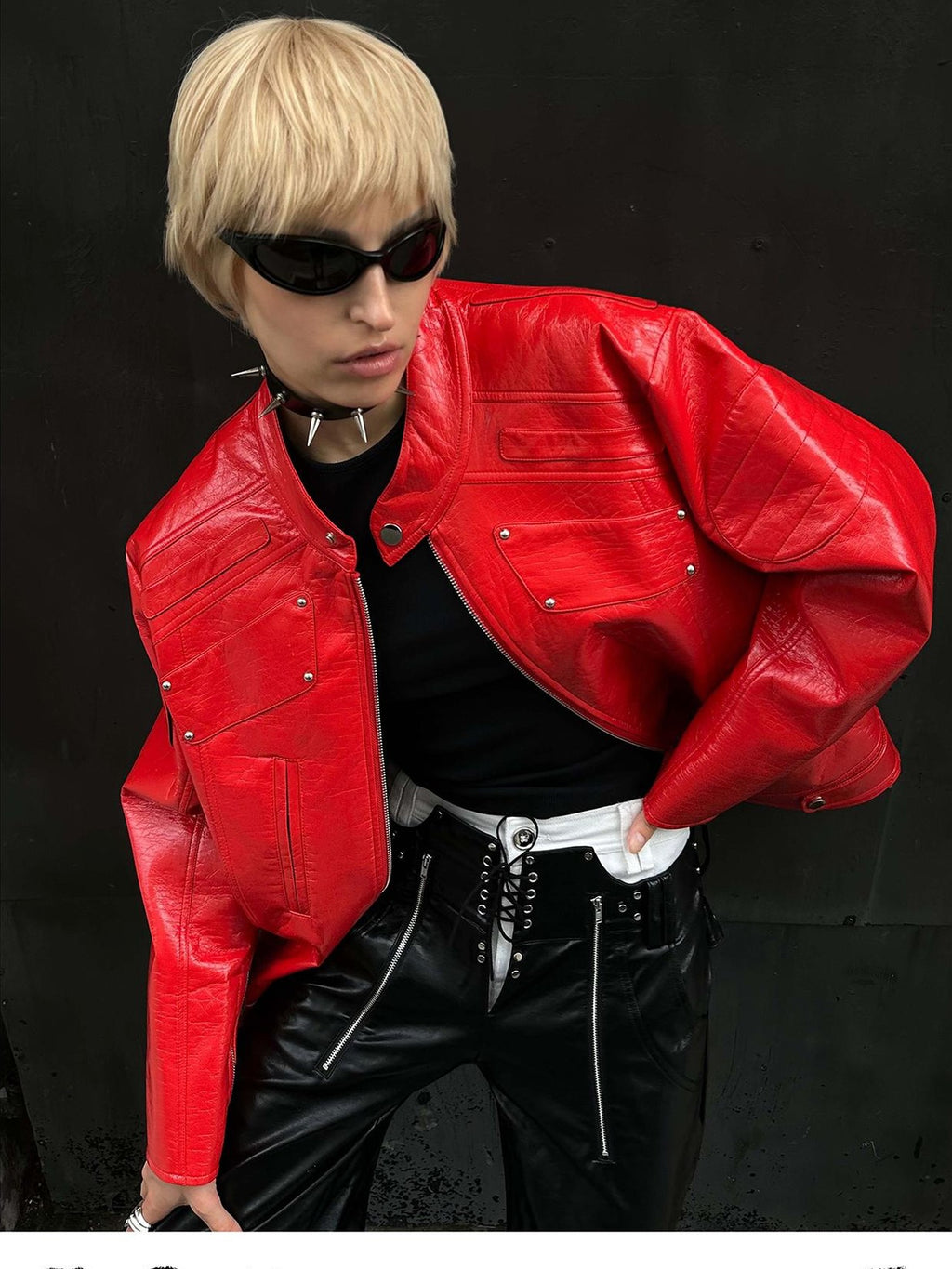 22 doodle Studded Red Mecha Punk Pu Women's Leather Jackets