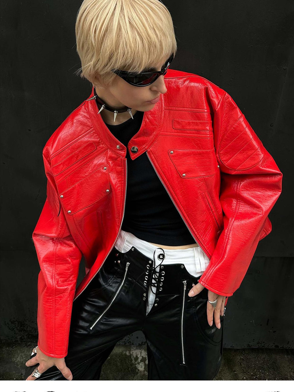 22 doodle Studded Red Mecha Punk Pu Women's Leather Jackets