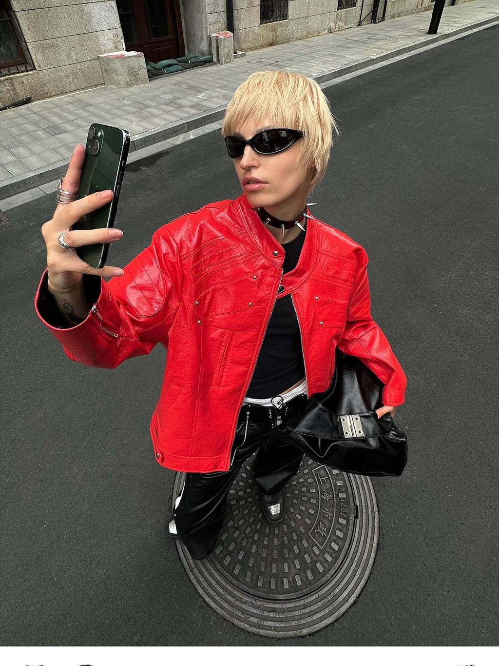 22 doodle Studded Red Mecha Punk Pu Women's Leather Jackets