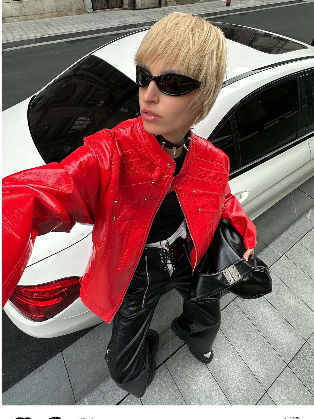 22 doodle Studded Red Mecha Punk Pu Women's Leather Jackets
