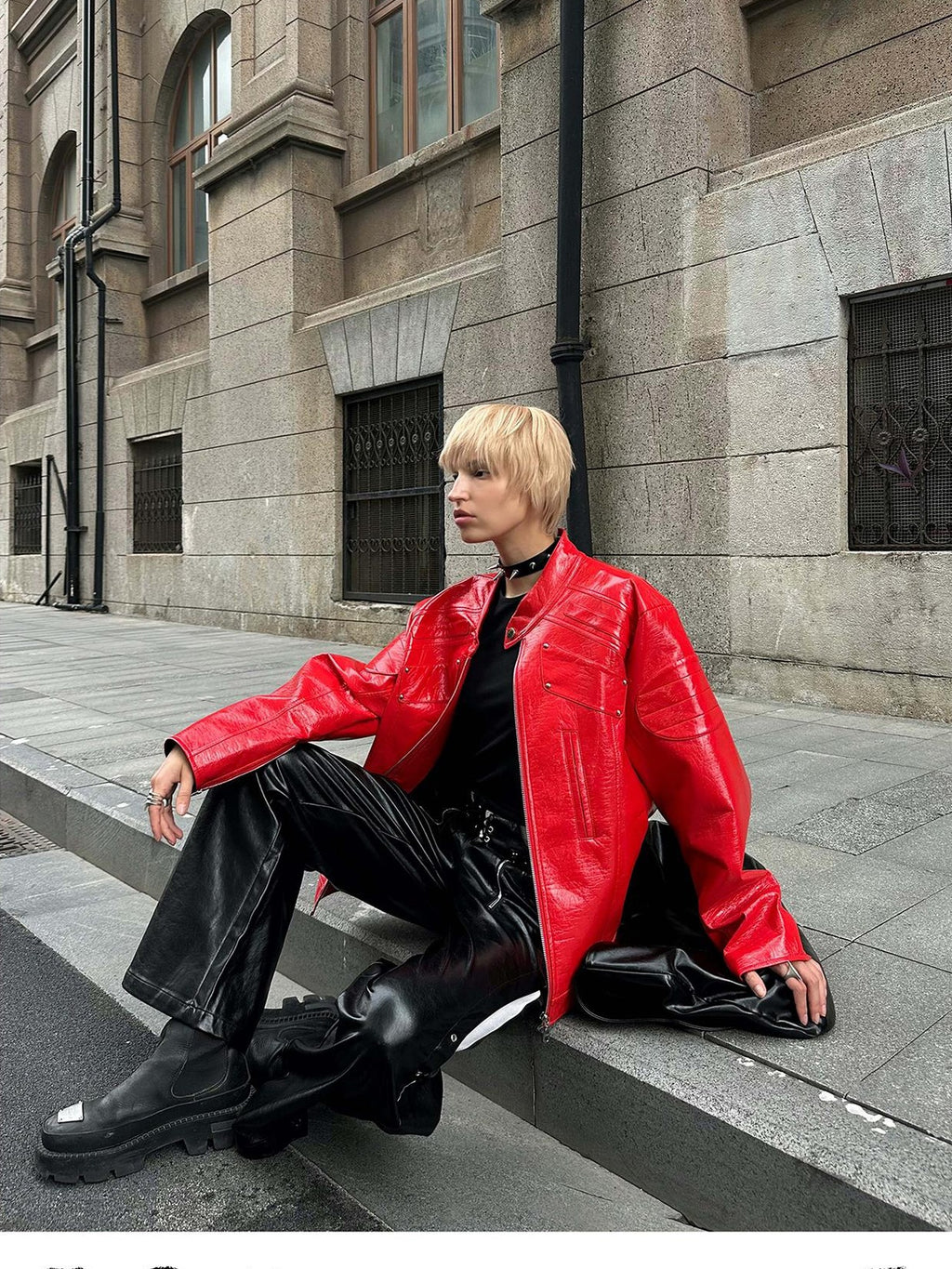 22 doodle Studded Red Mecha Punk Pu Women's Leather Jackets