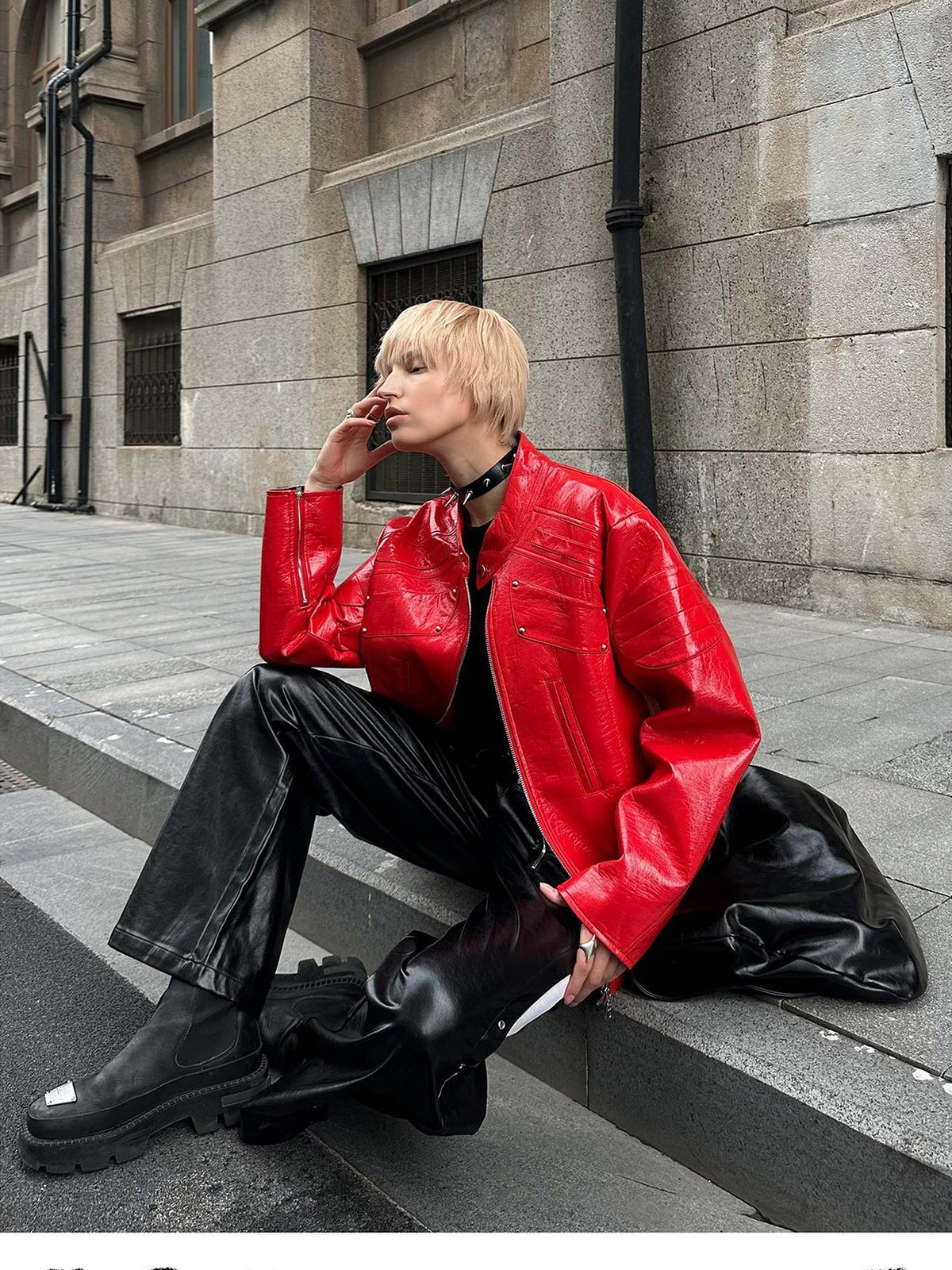 22 doodle Studded Red Mecha Punk Pu Women's Leather Jackets