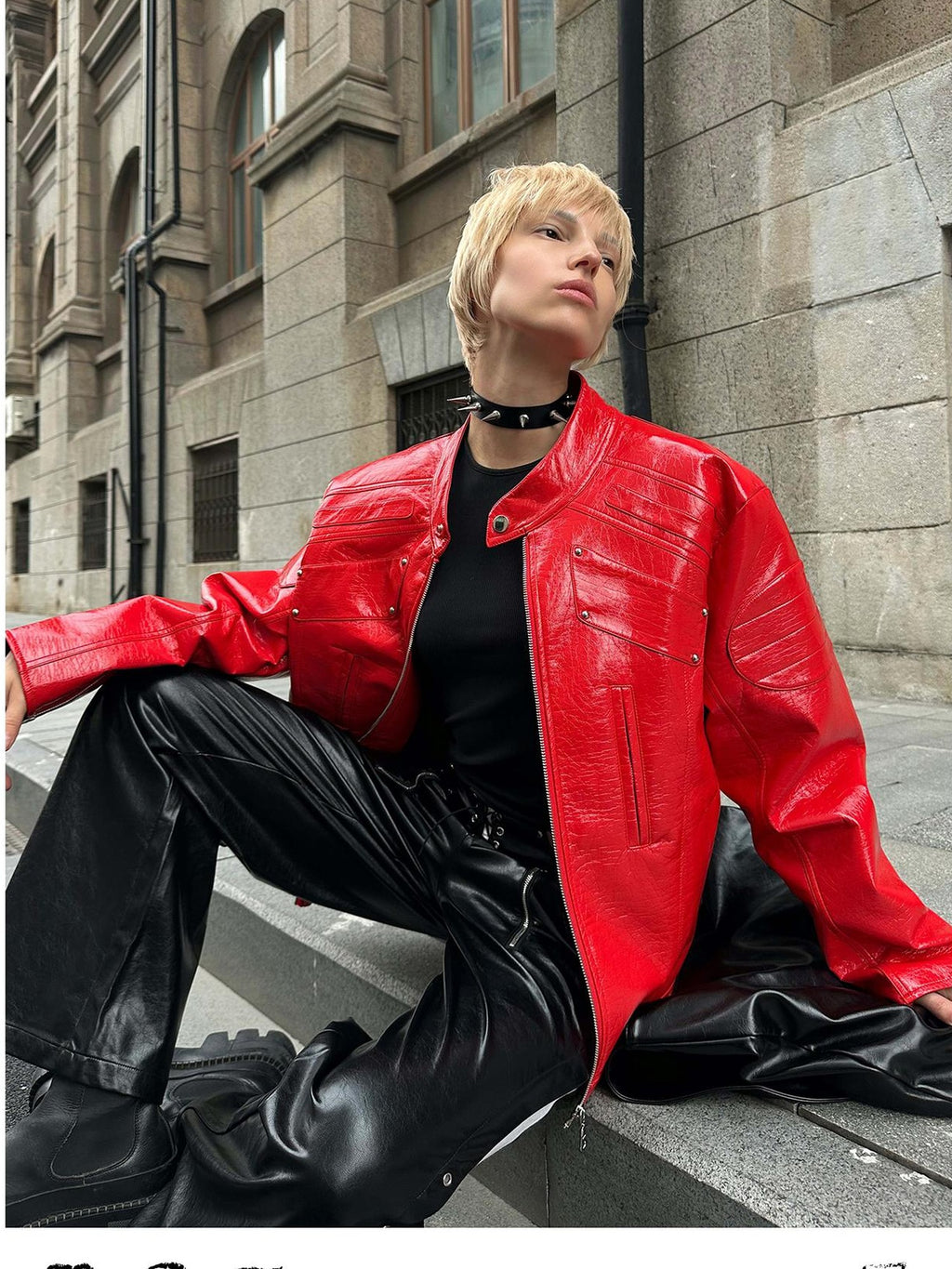22 doodle Studded Red Mecha Punk Pu Women's Leather Jackets