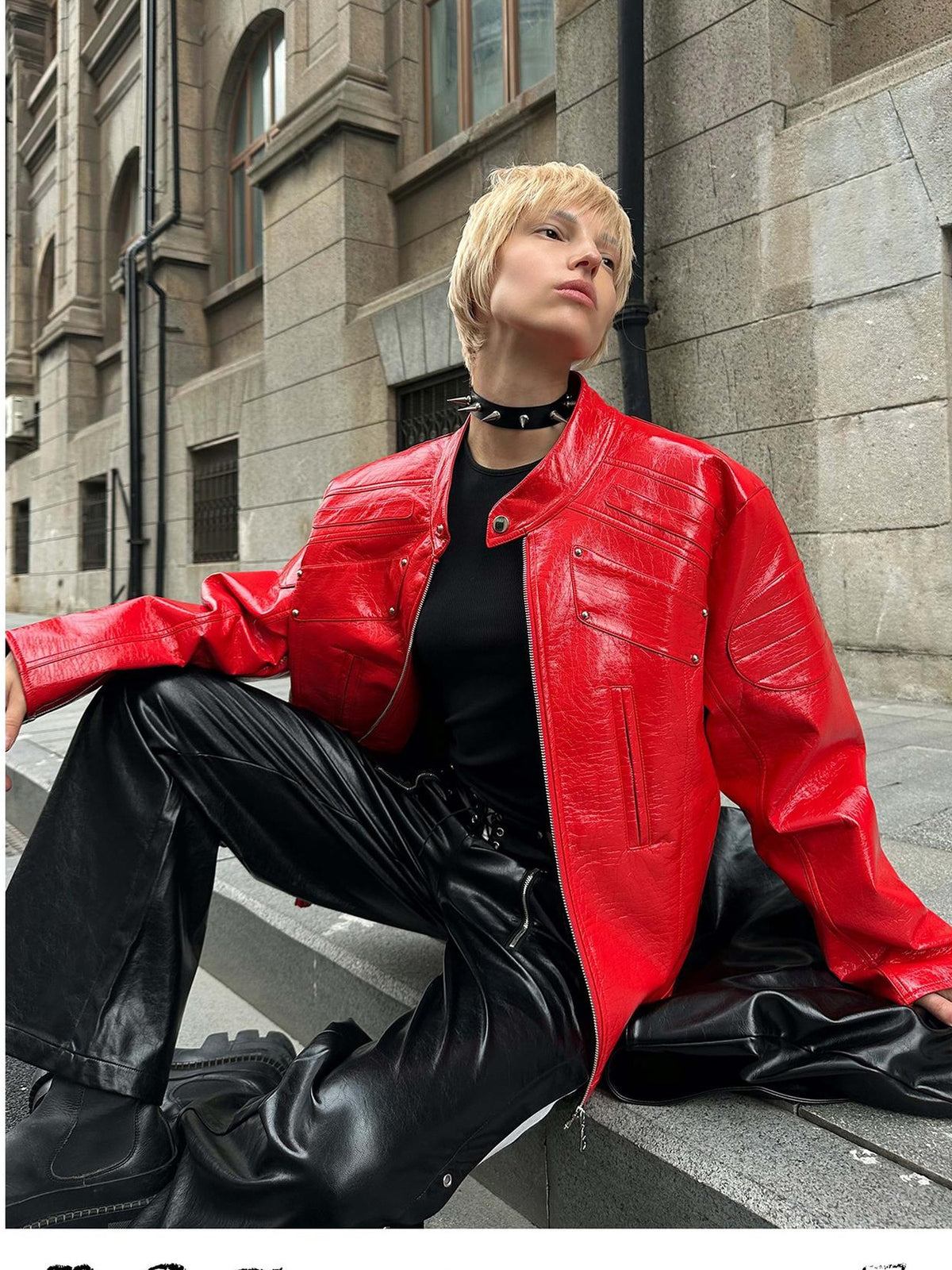 22 doodle Studded Red Mecha Punk Pu Women's Leather Jackets