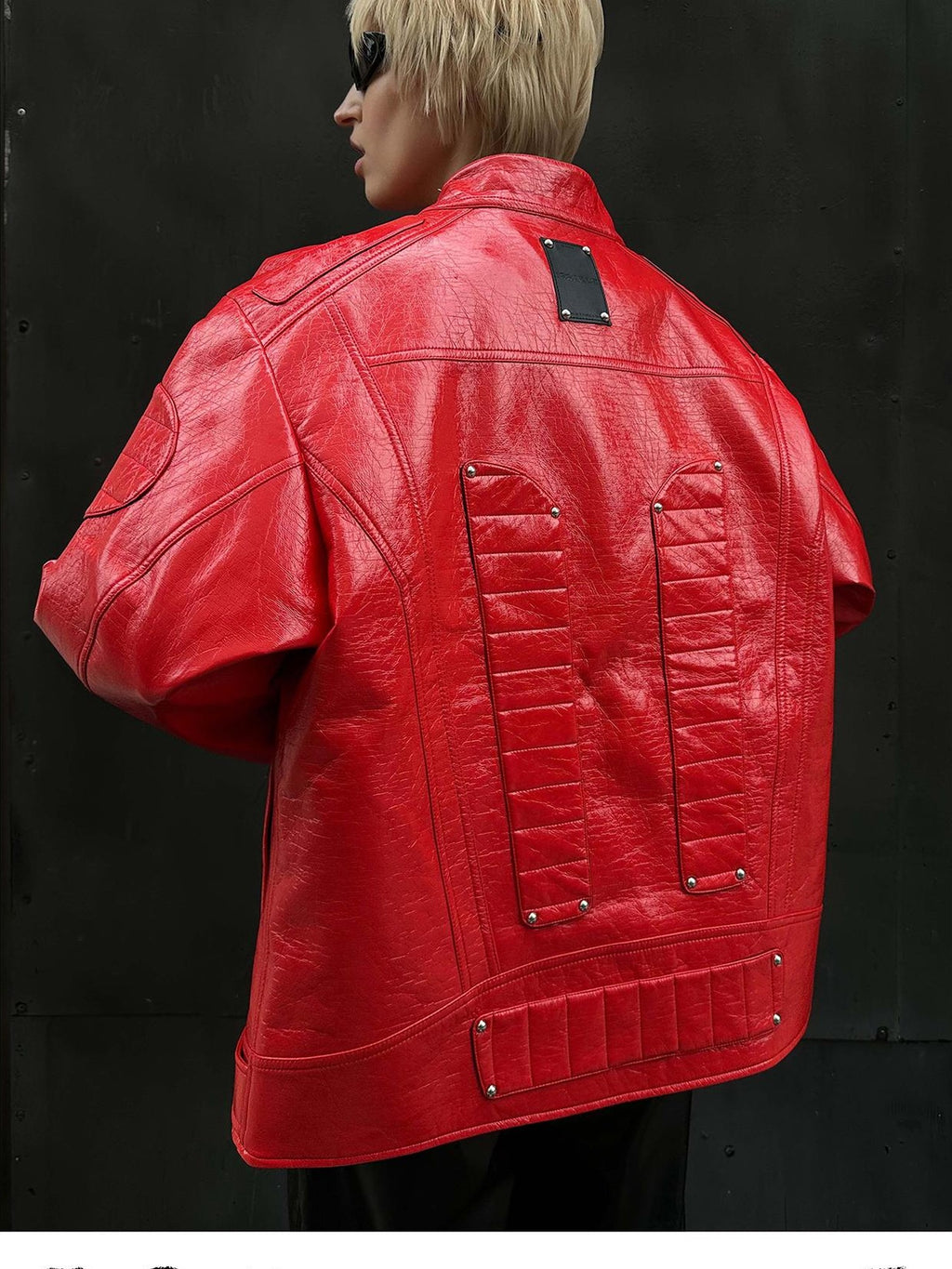 22 doodle Studded Red Mecha Punk Pu Women's Leather Jackets