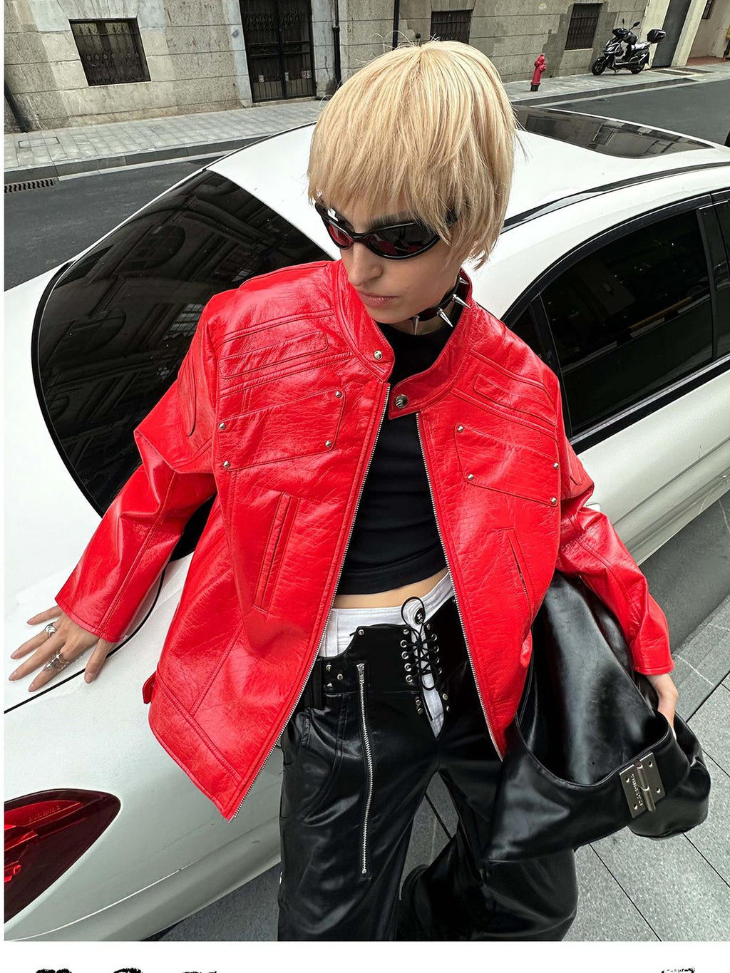 22 doodle Studded Red Mecha Punk Pu Women's Leather Jackets
