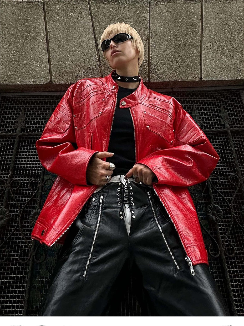 22 doodle Studded Red Mecha Punk Pu Women's Leather Jackets