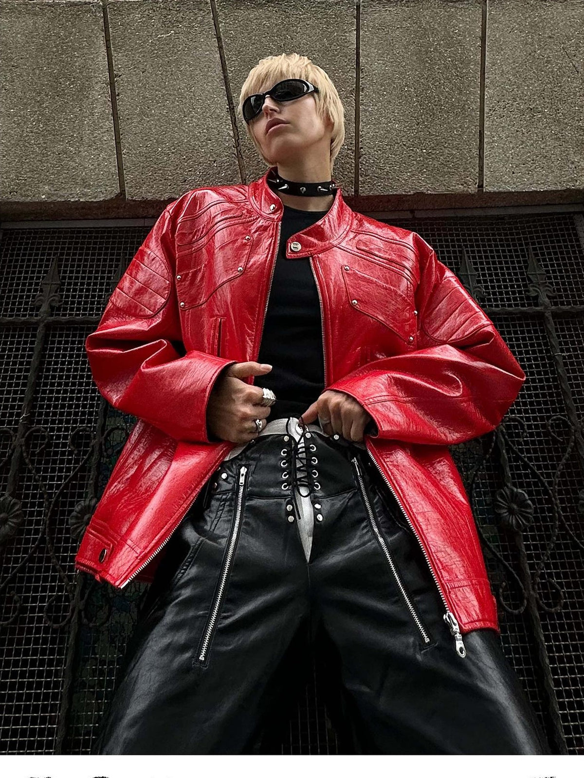 22 doodle Studded Red Mecha Punk Pu Women's Leather Jackets