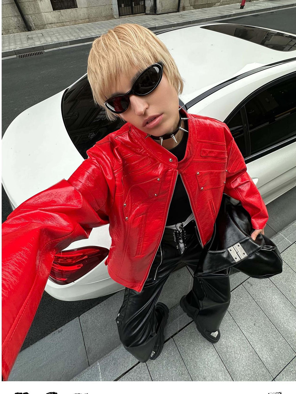 22 doodle Studded Red Mecha Punk Pu Women's Leather Jackets