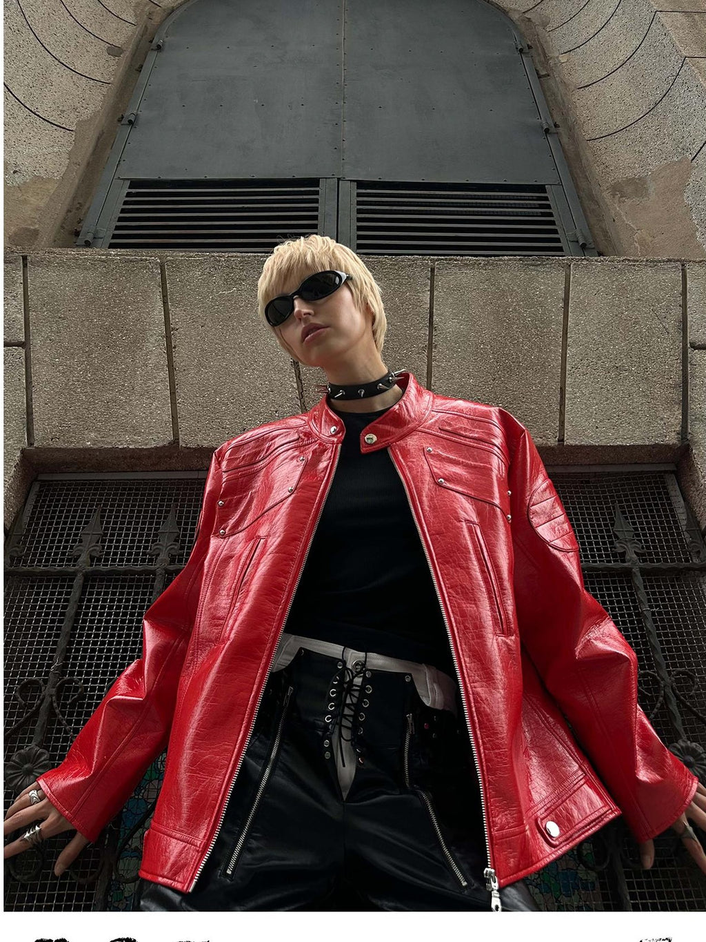 22 doodle Studded Red Mecha Punk Pu Women's Leather Jackets