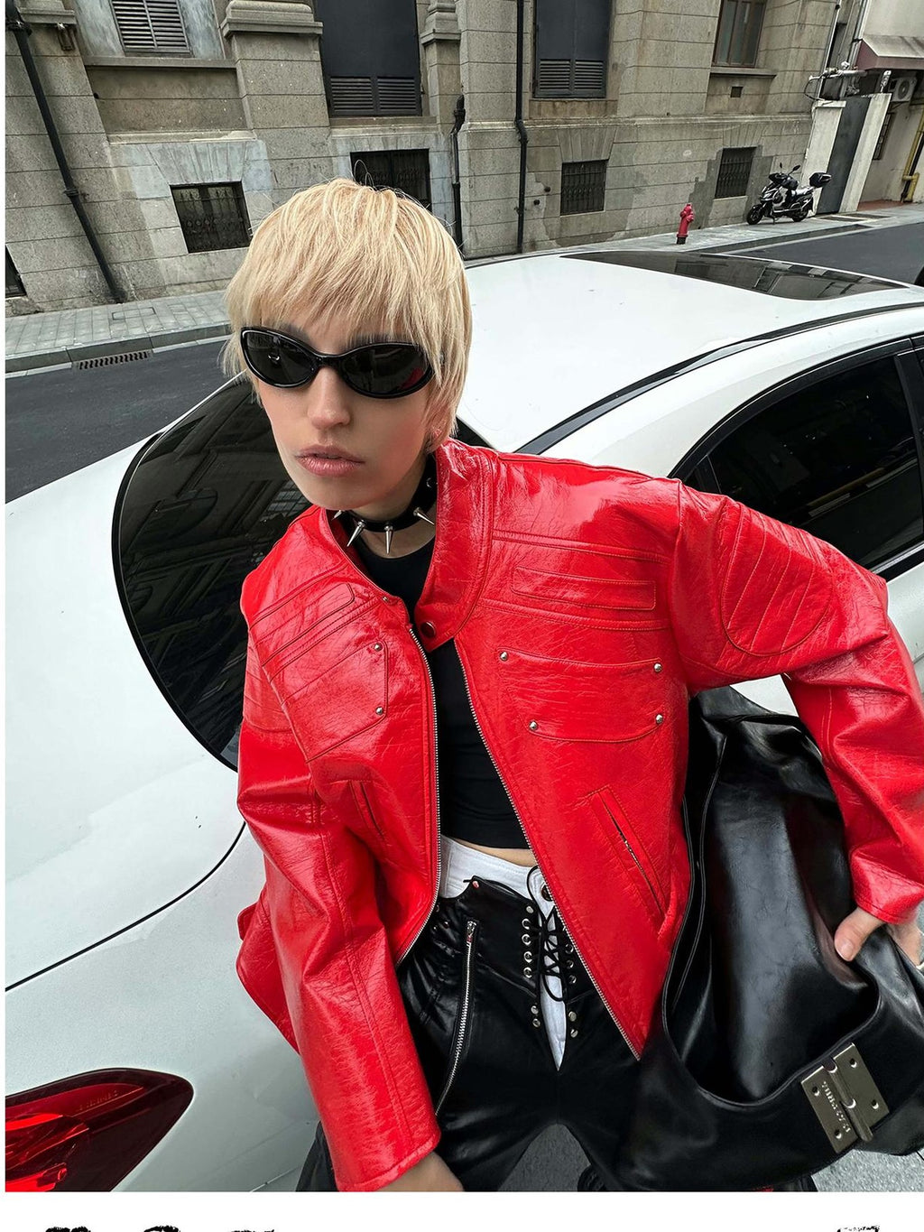 22 doodle Studded Red Mecha Punk Pu Women's Leather Jackets