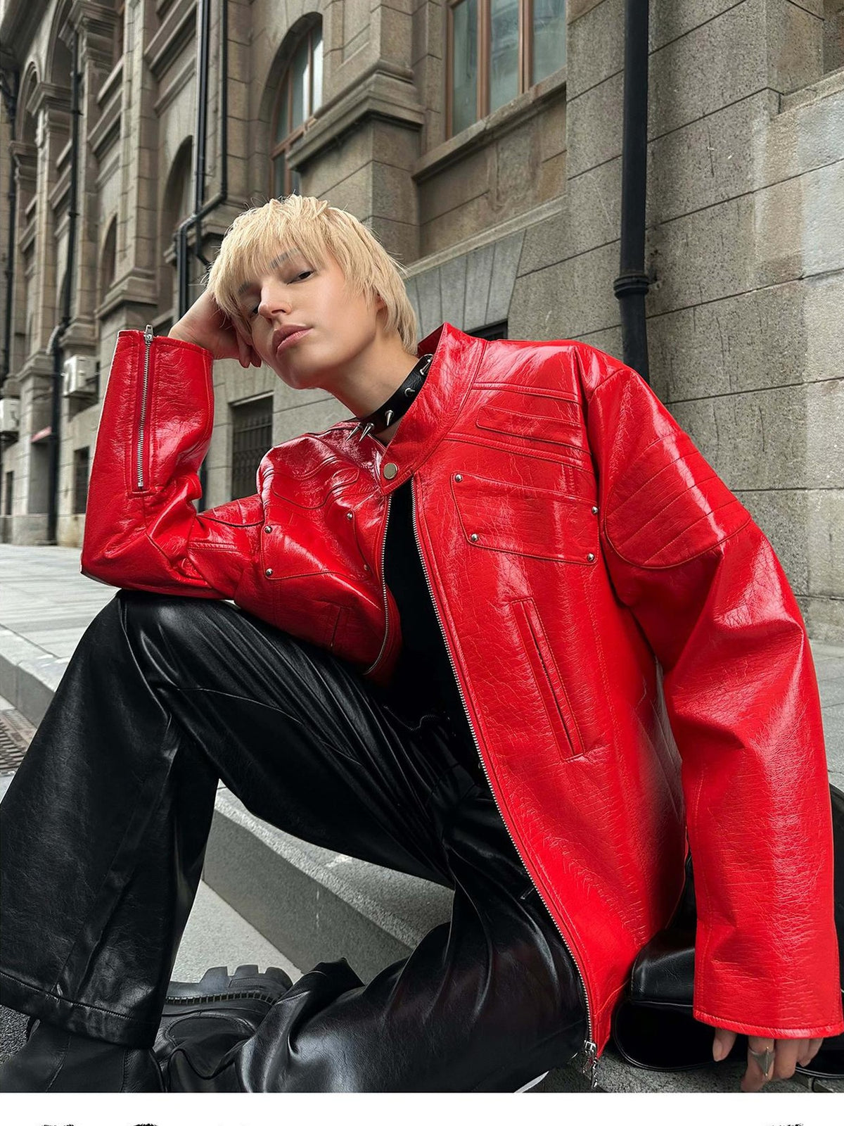 22 doodle Studded Red Mecha Punk Pu Women's Leather Jackets