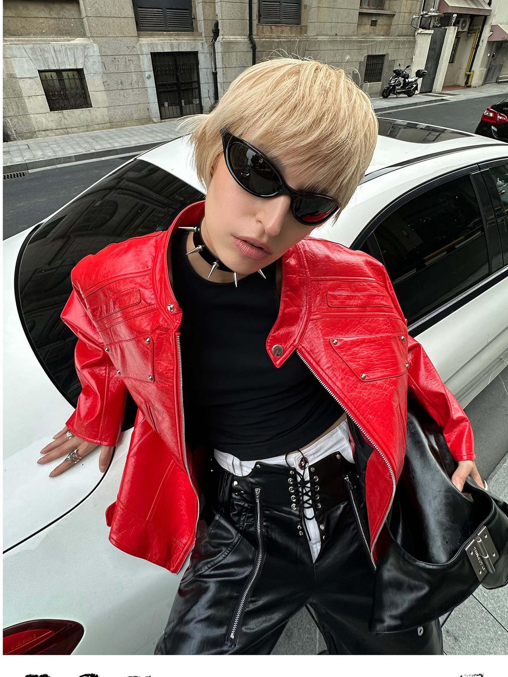 22 doodle Studded Red Mecha Punk Pu Women's Leather Jackets