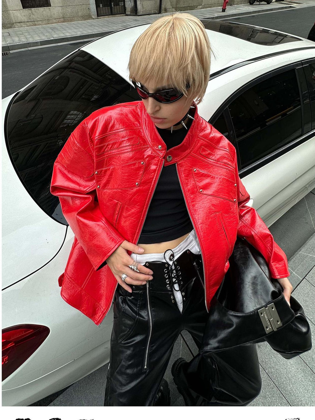 22 doodle Studded Red Mecha Punk Pu Women's Leather Jackets