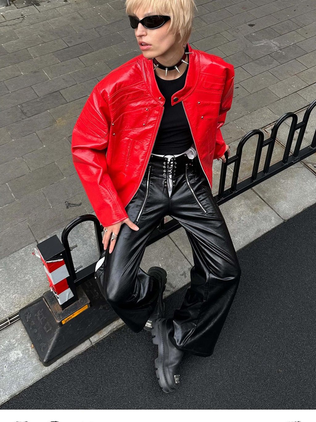 22 doodle Studded Red Mecha Punk Pu Women's Leather Jackets