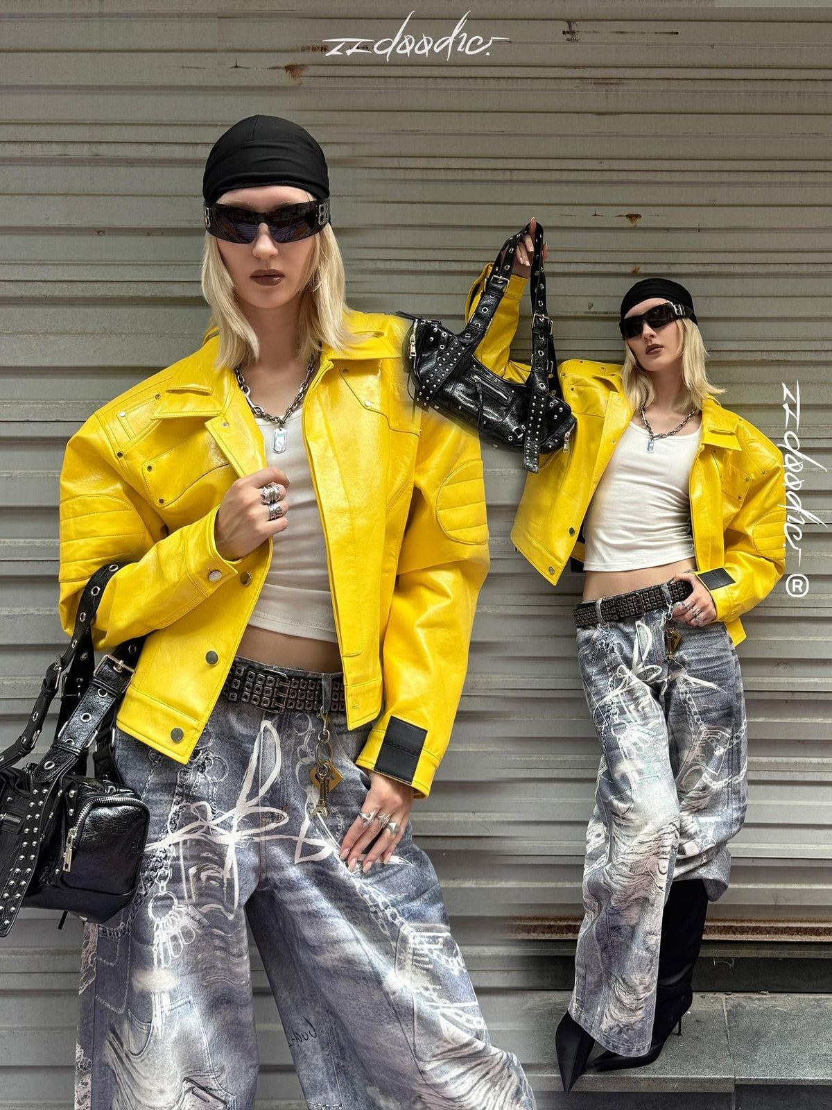 22 doodle Yellow Studded Padded Shoulder Loose Fit Women's Pu Leather Jackets