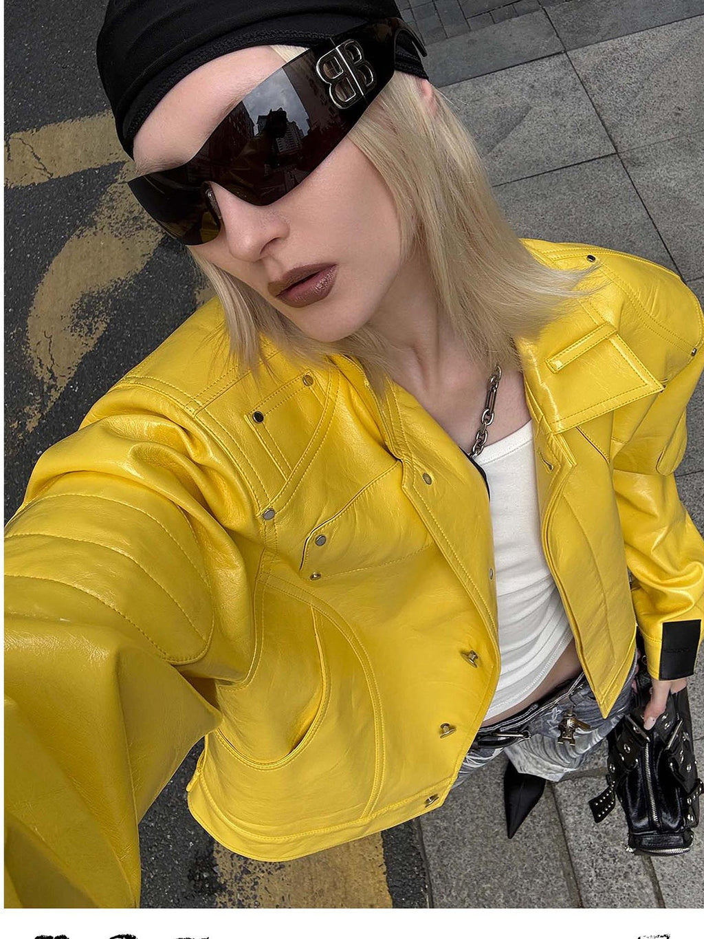 22 doodle Yellow Studded Padded Shoulder Loose Fit Women's Pu Leather Jackets