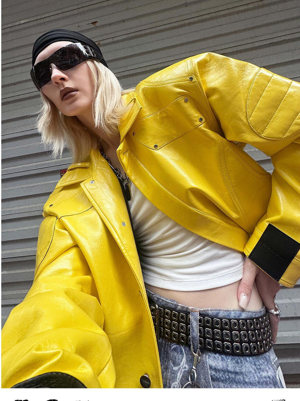 22 doodle Yellow Studded Padded Shoulder Loose Fit Women's Pu Leather Jackets